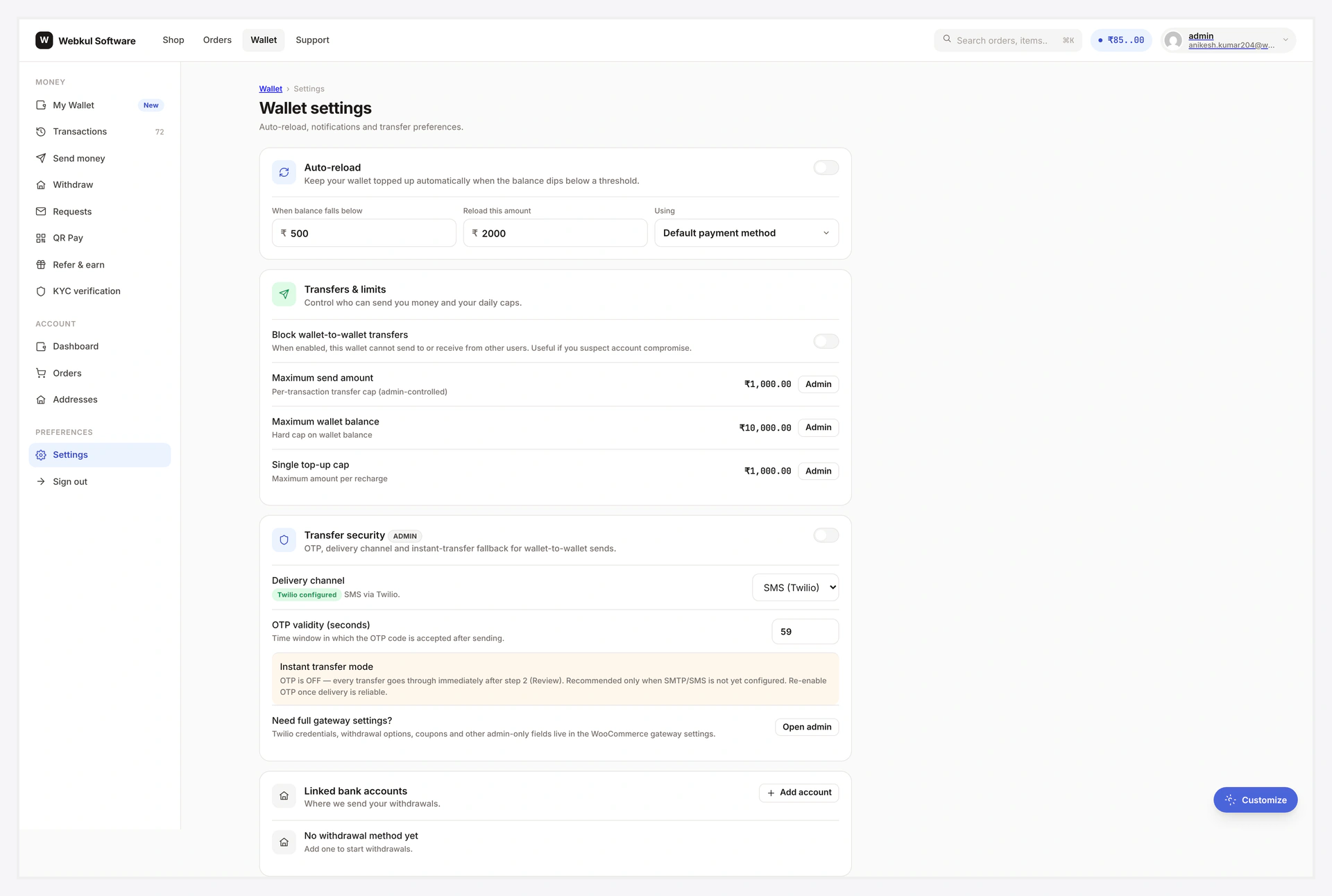 Wallet Central settings — full panel at /wallet-central/settings/