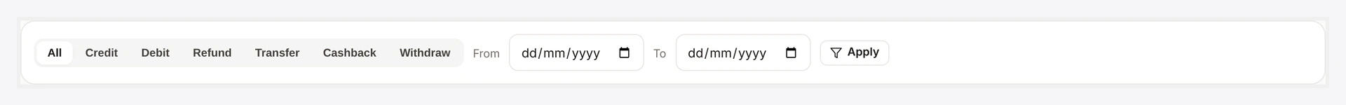 Transactions list — typed icon, label, amount, related order, balance after