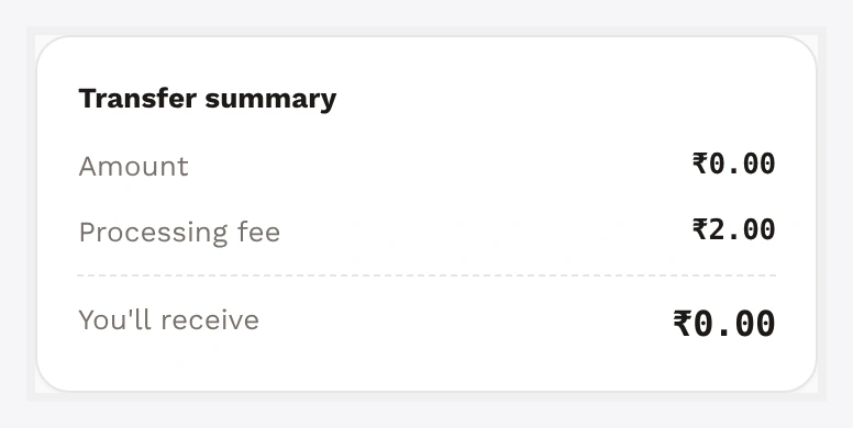 Withdrawal summary side panel — available balance, fee, net, hold note