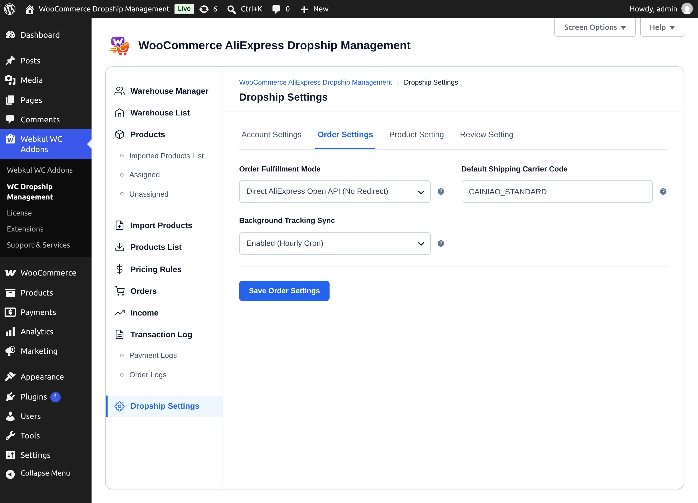 Order Fulfillment Mode options