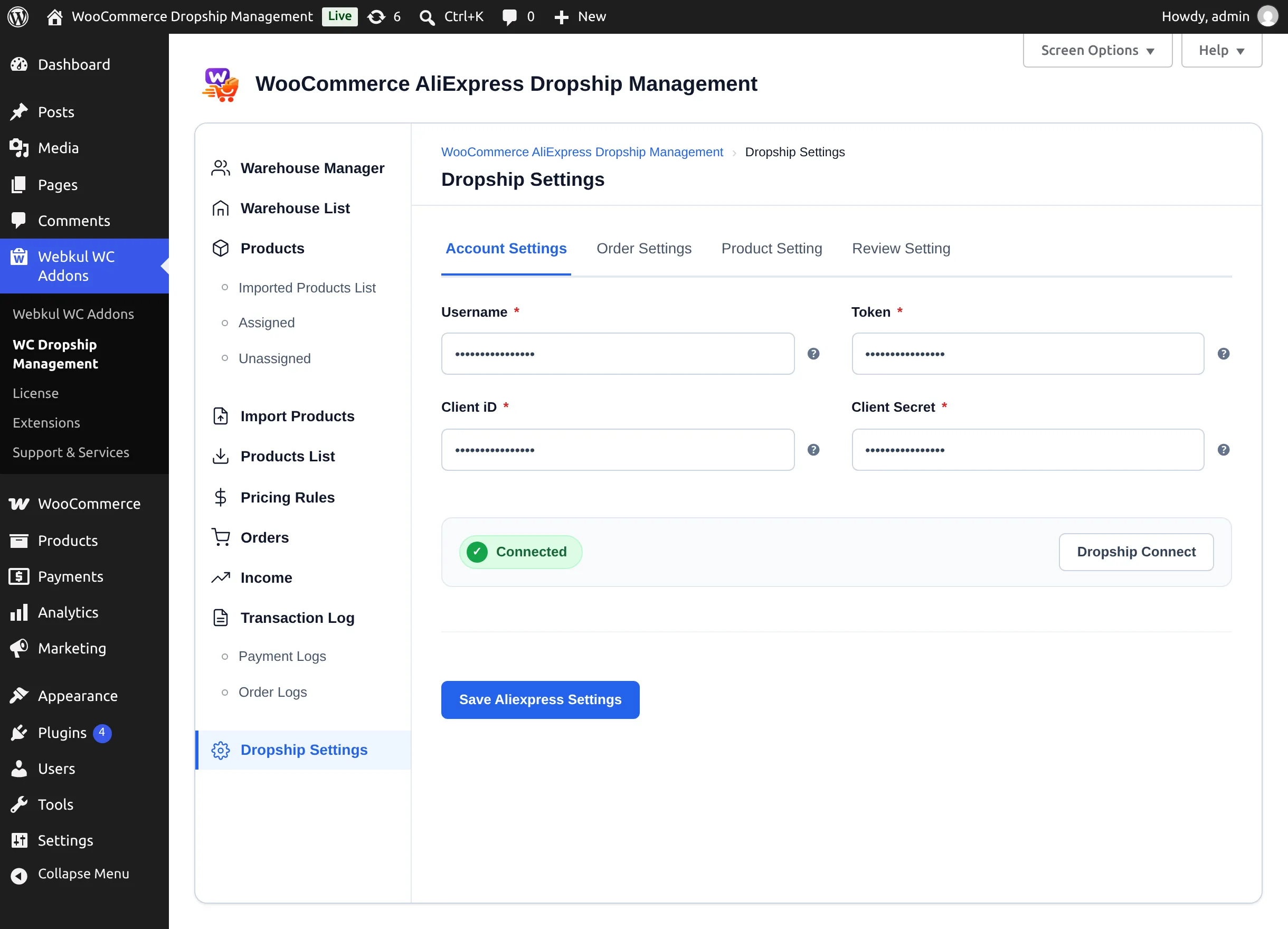 Account Setting screen