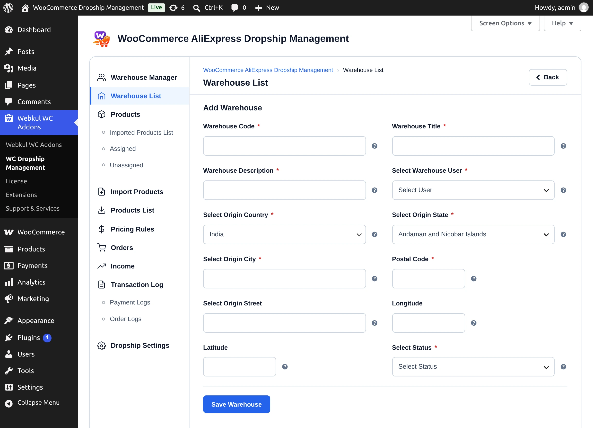 Add Warehouse form