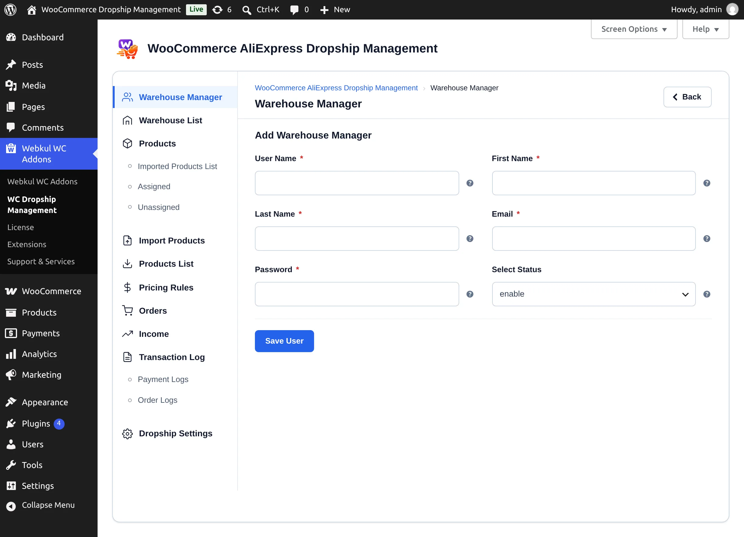Add Warehouse Manager form