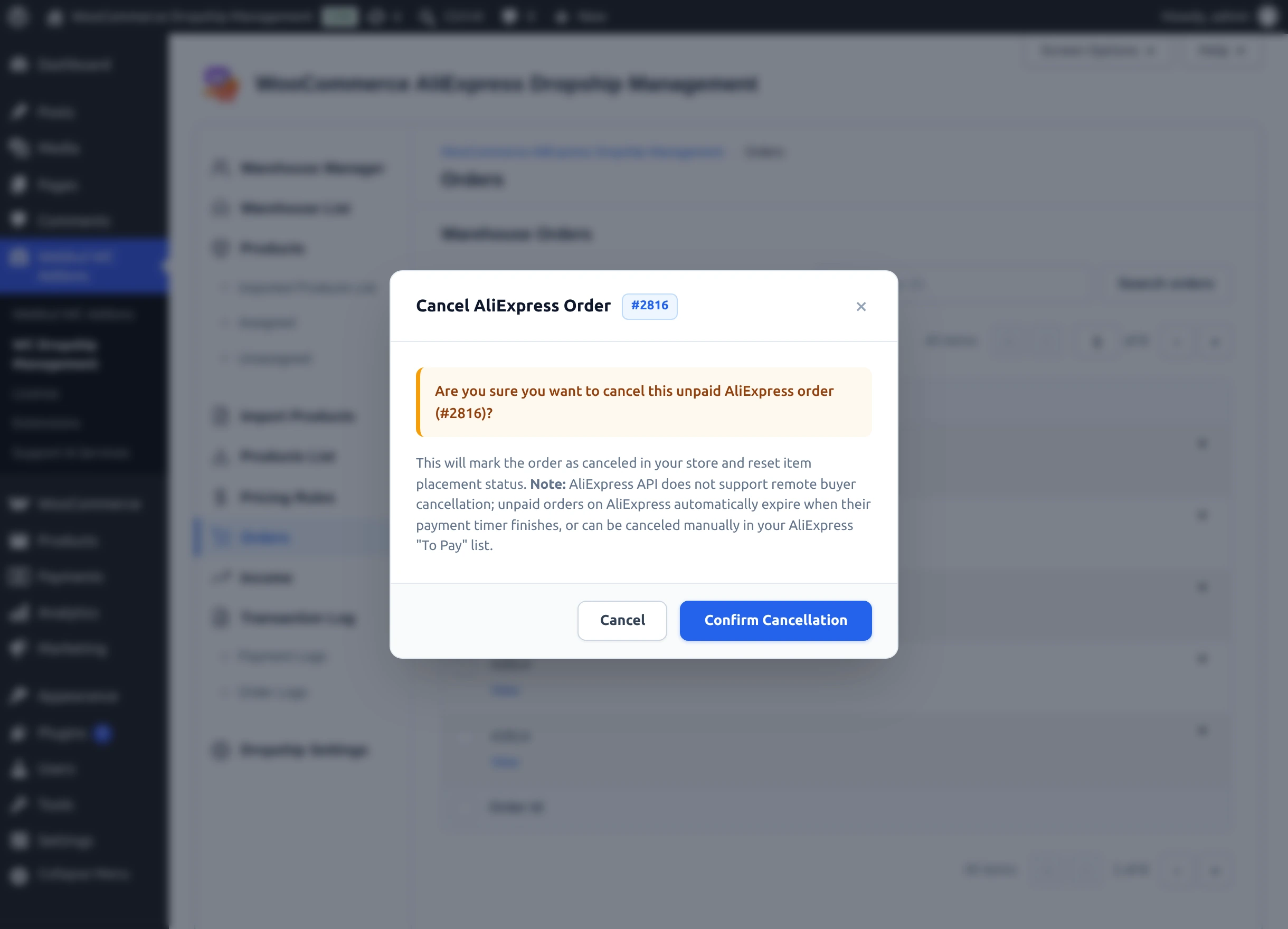 Cancel AliExpress Order dialog