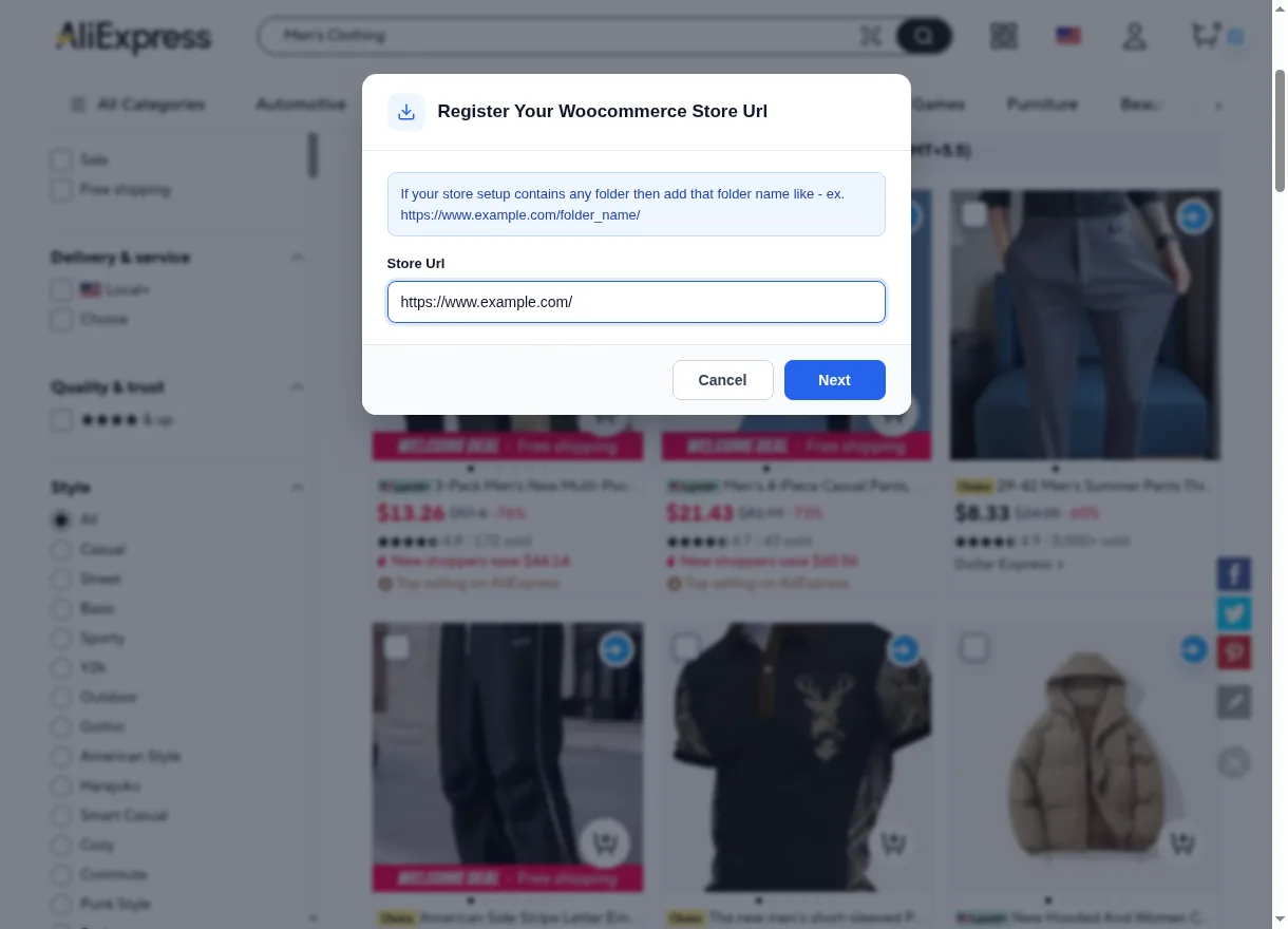 Register Your Woocommerce Store Url dialog