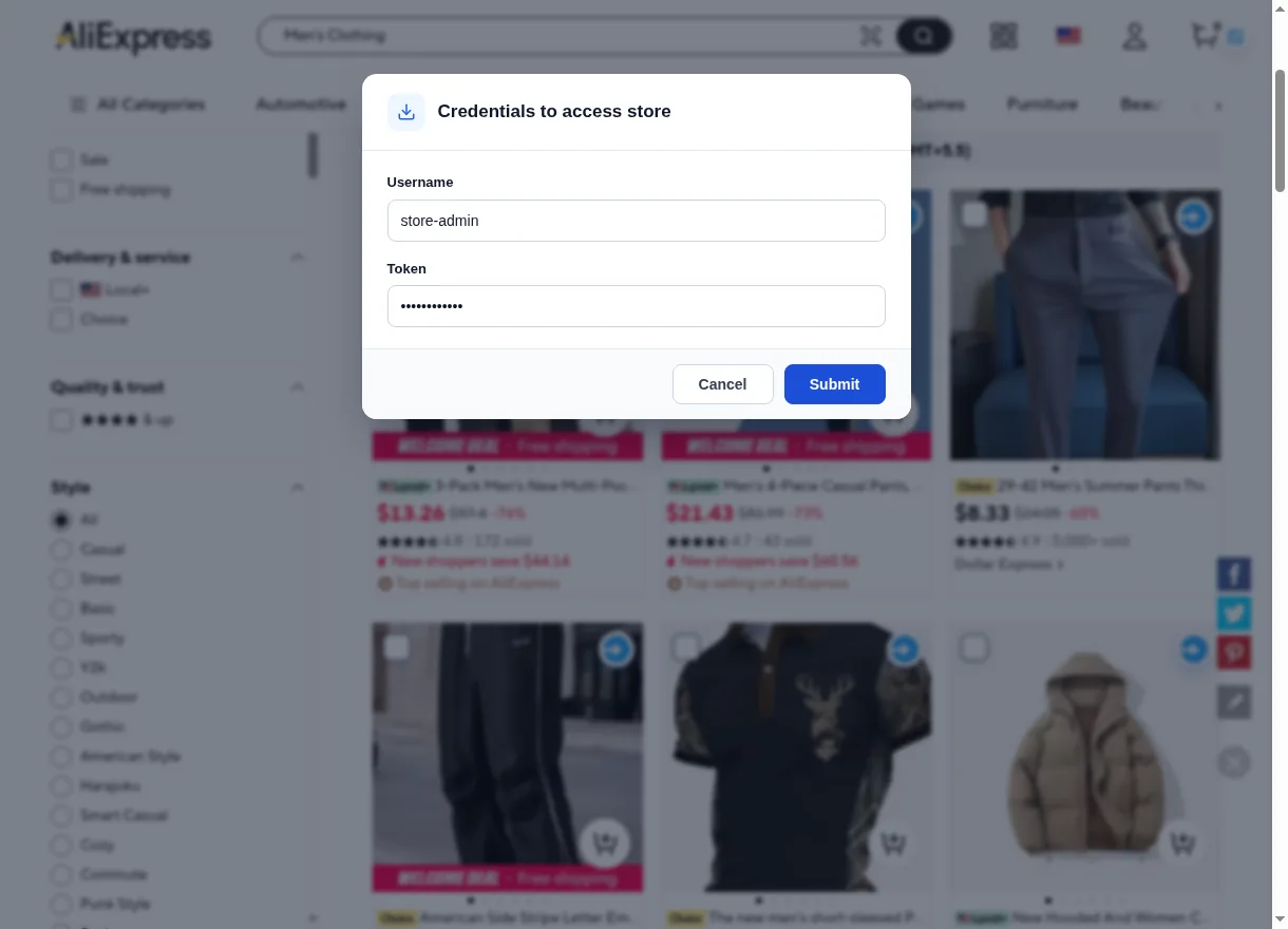 Credentials to access store dialog