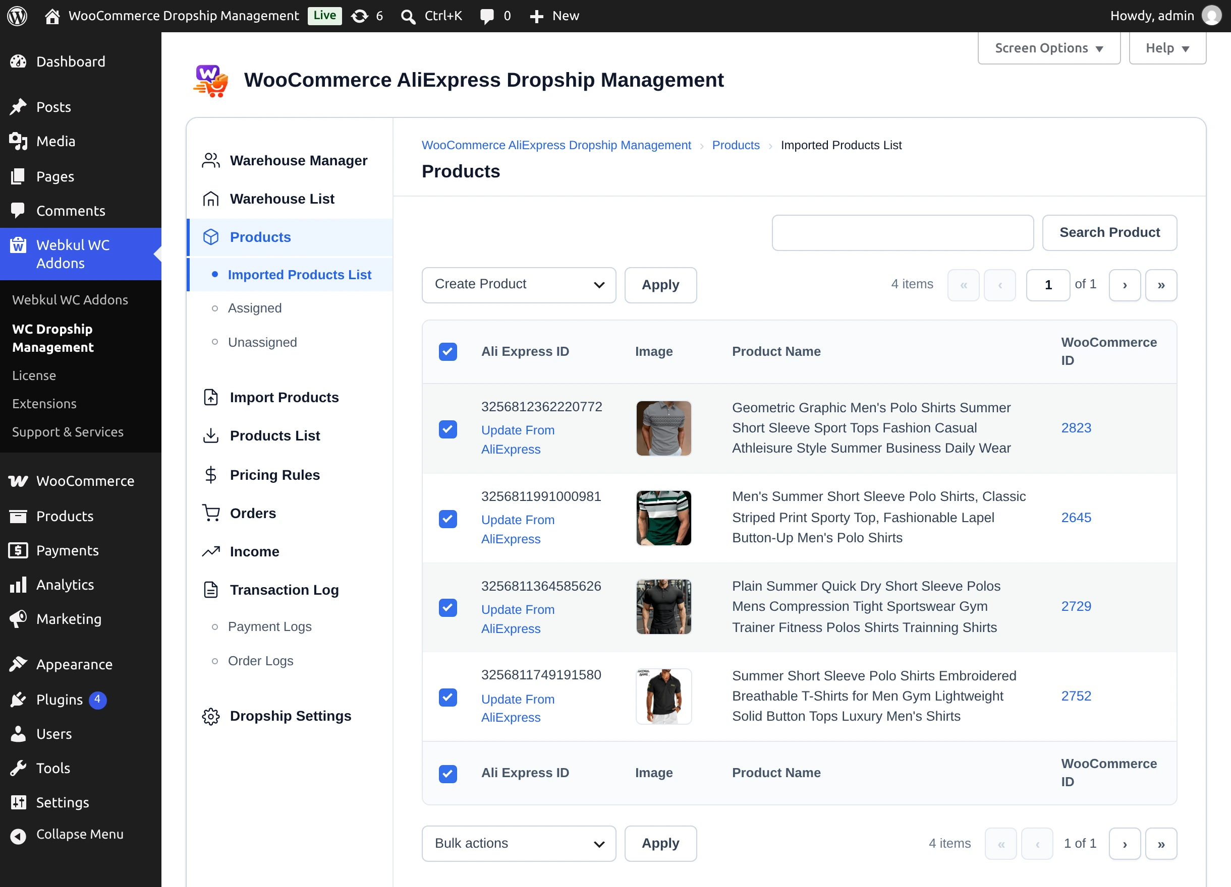 Create Product bulk action