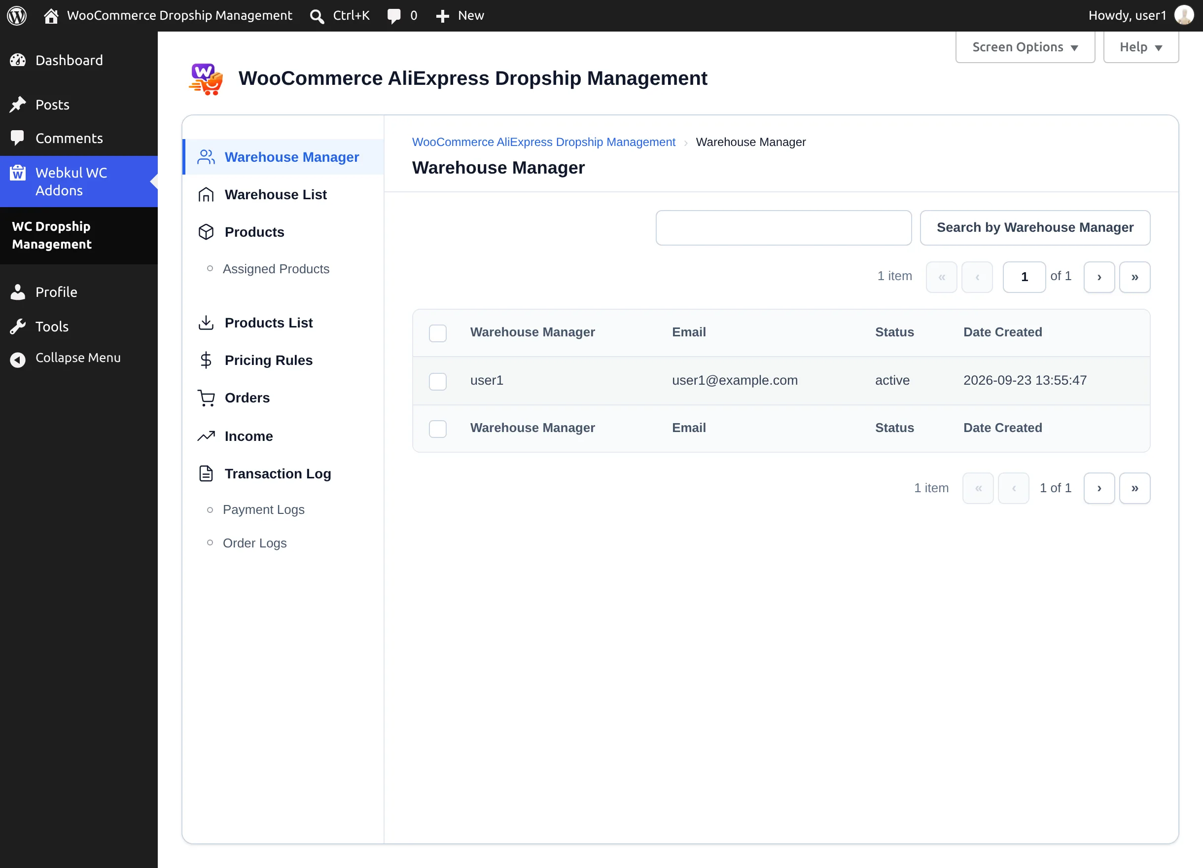 Warehouse manager panel
