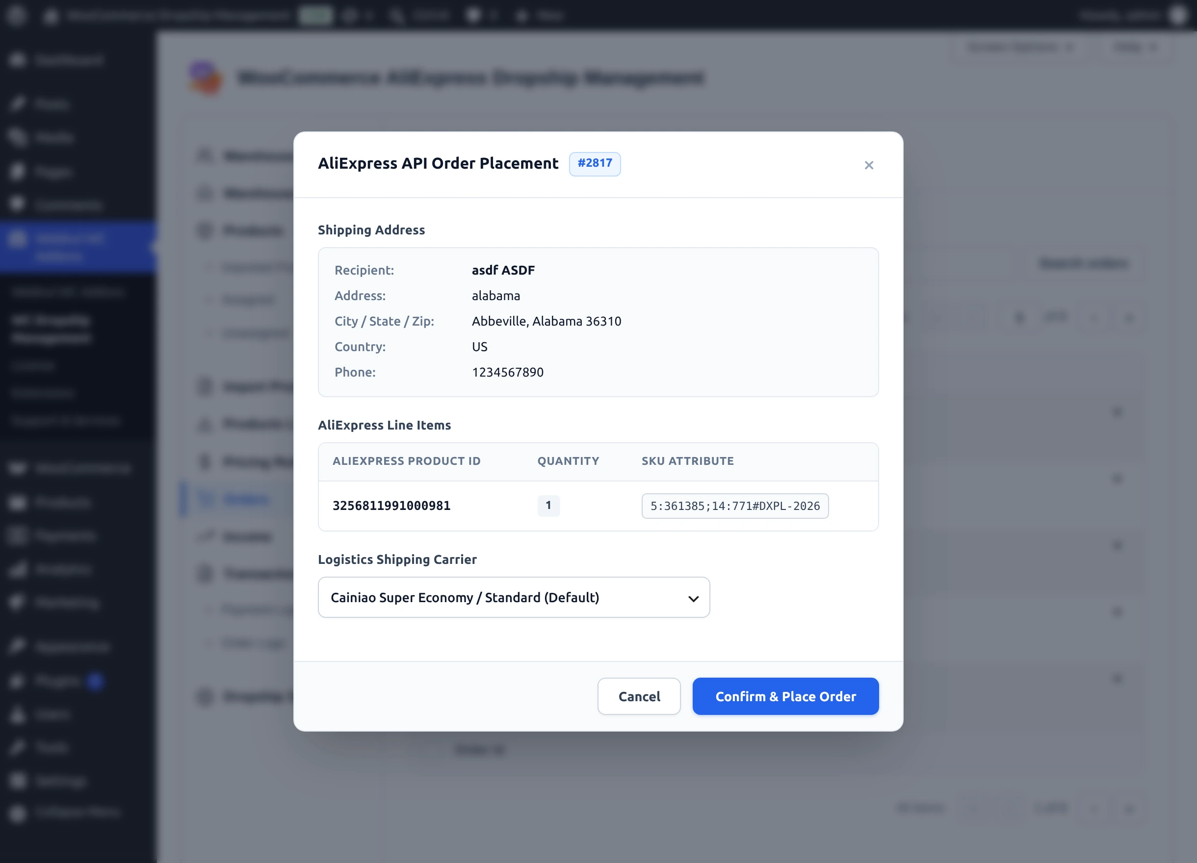 AliExpress API Order Placement dialog