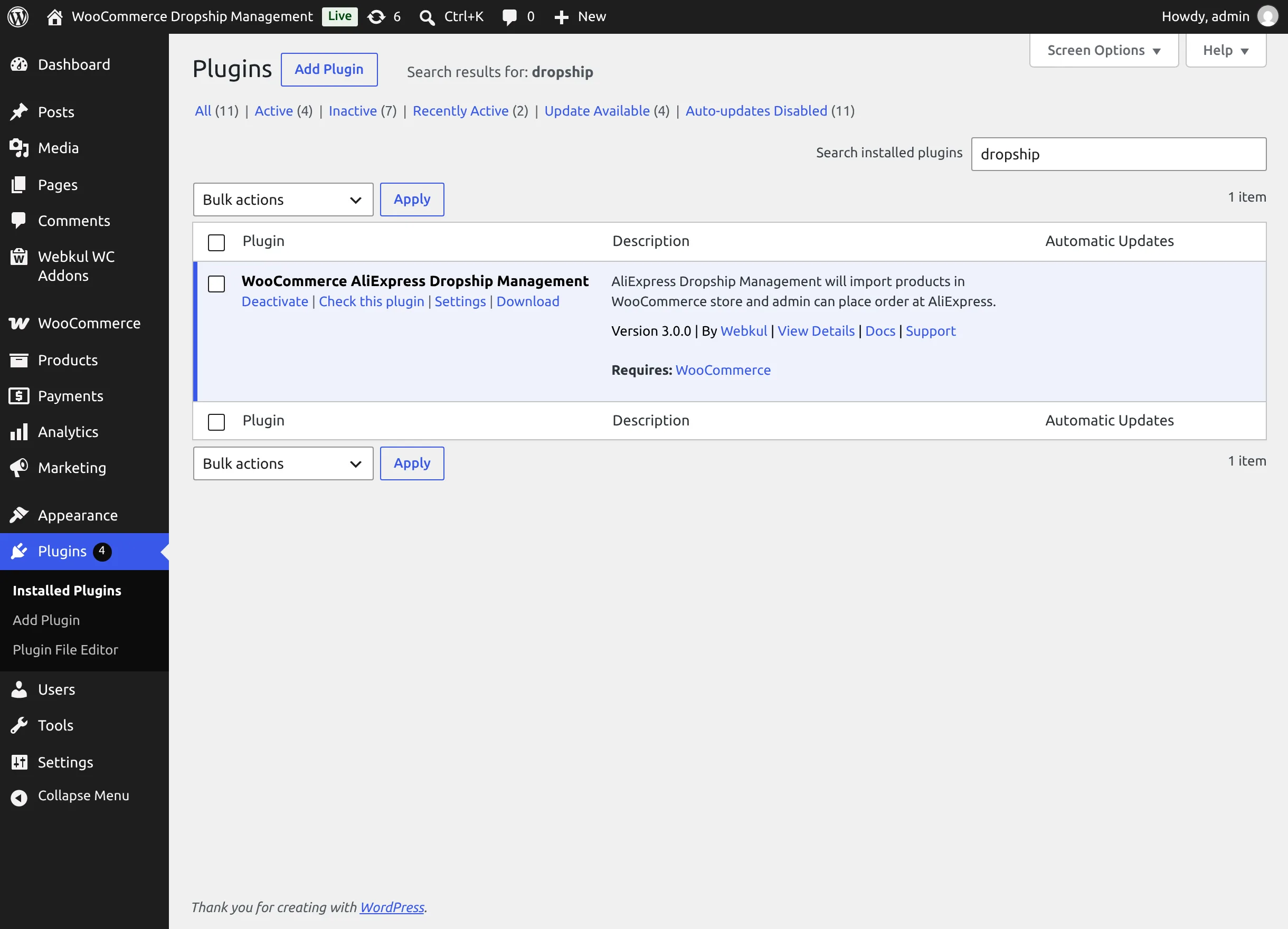 Plugin row on the Plugins screen