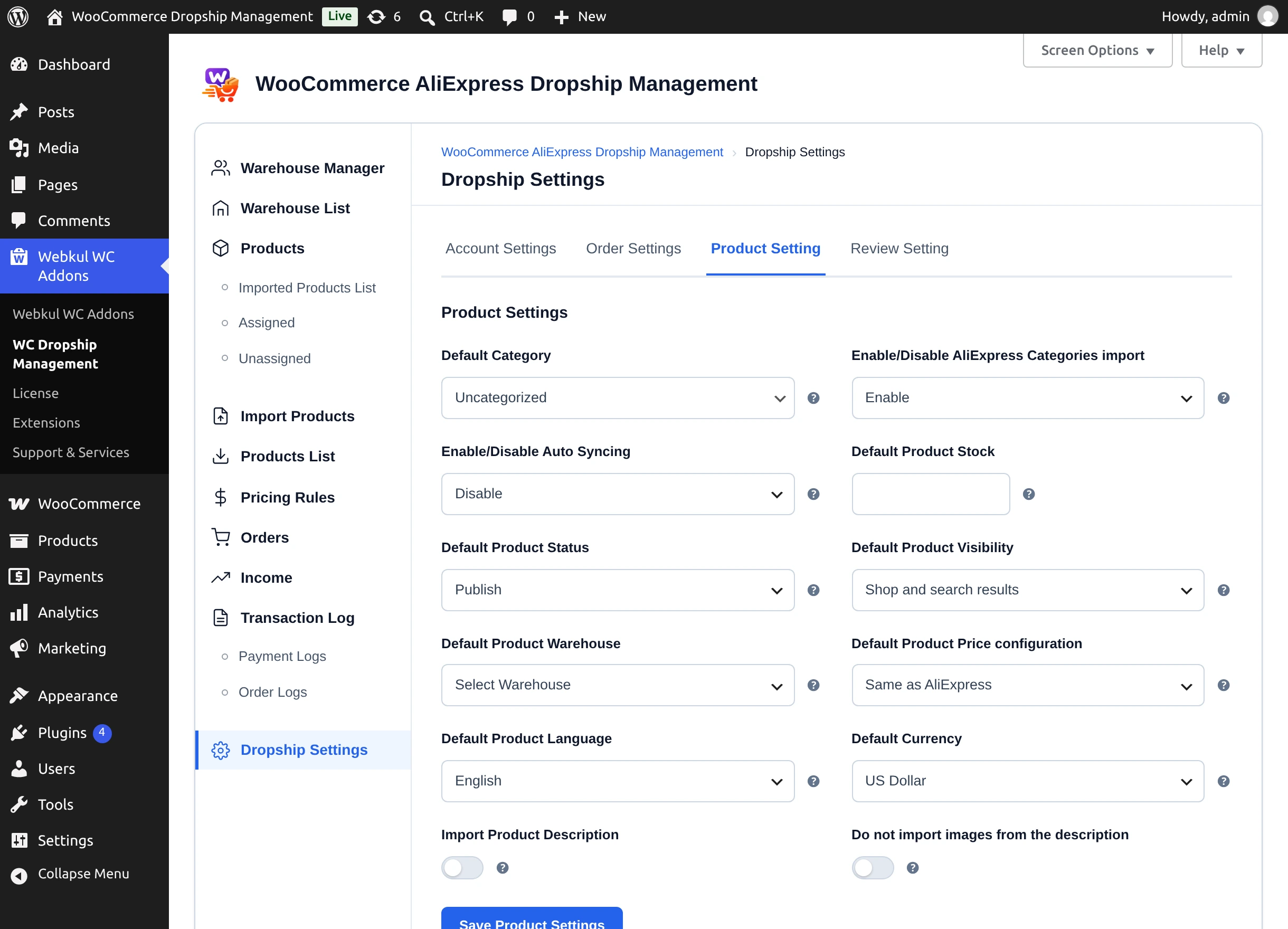 Product Setting screen