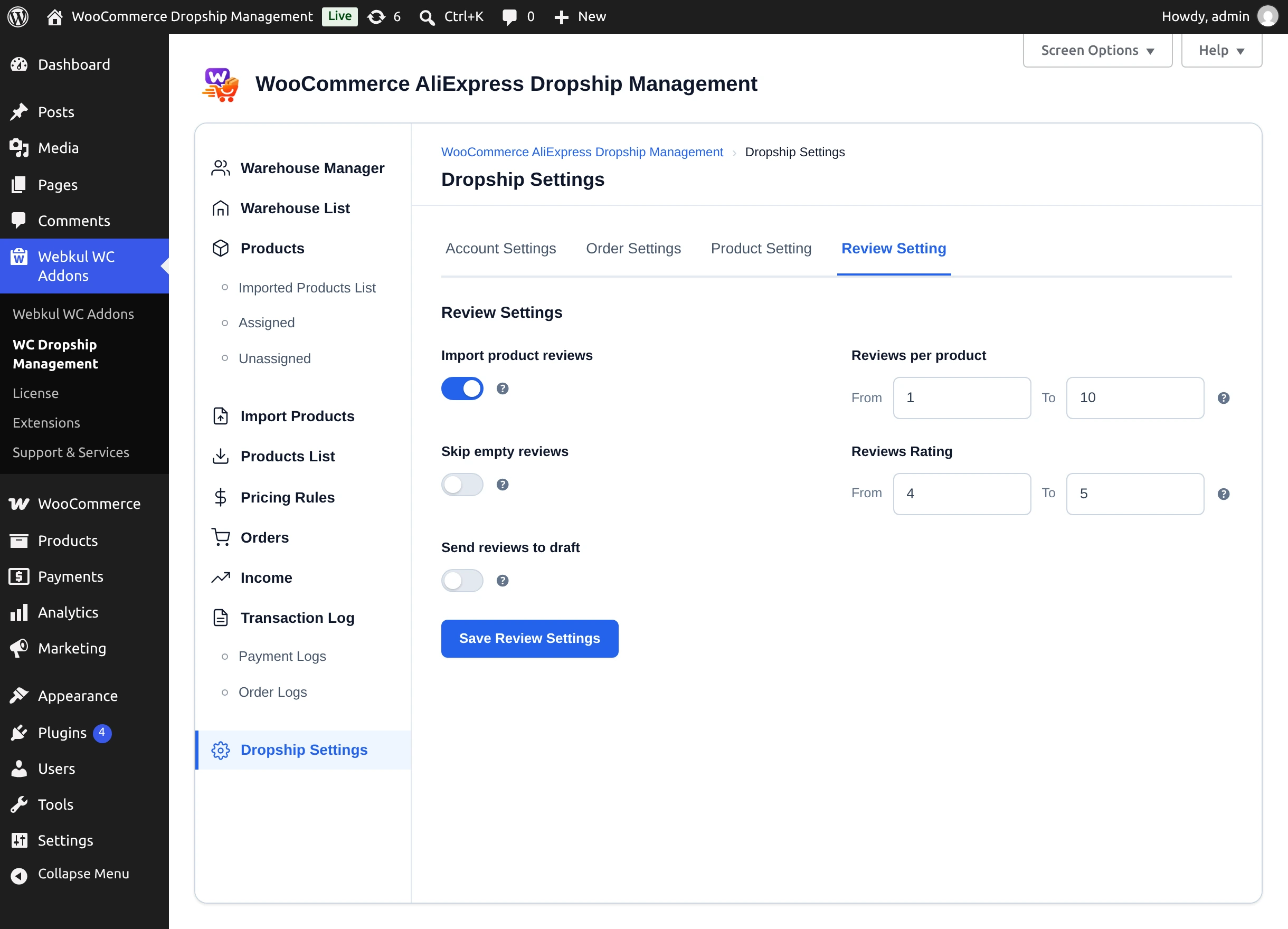 Reviews settings screen