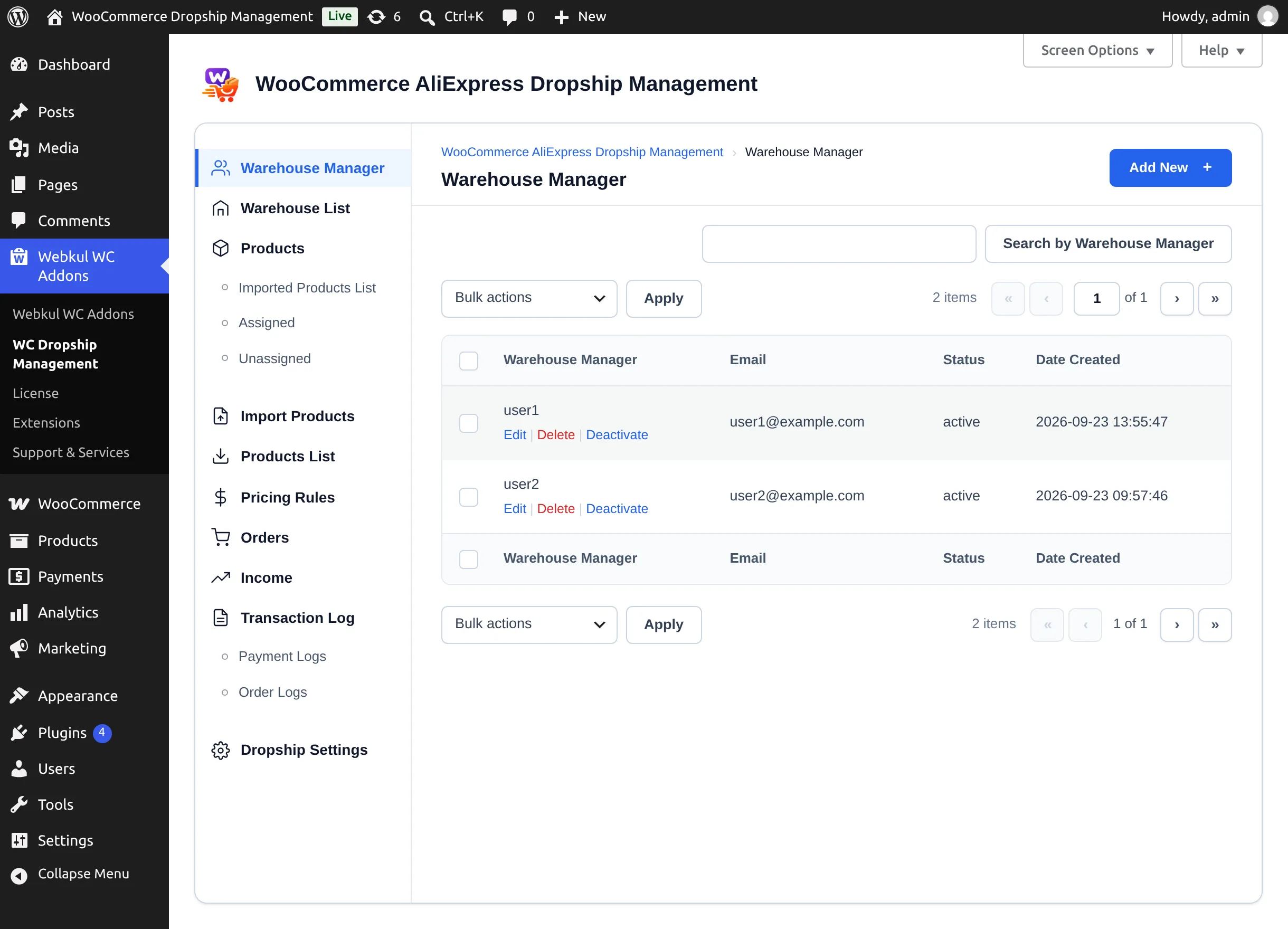 Warehouse Manager list