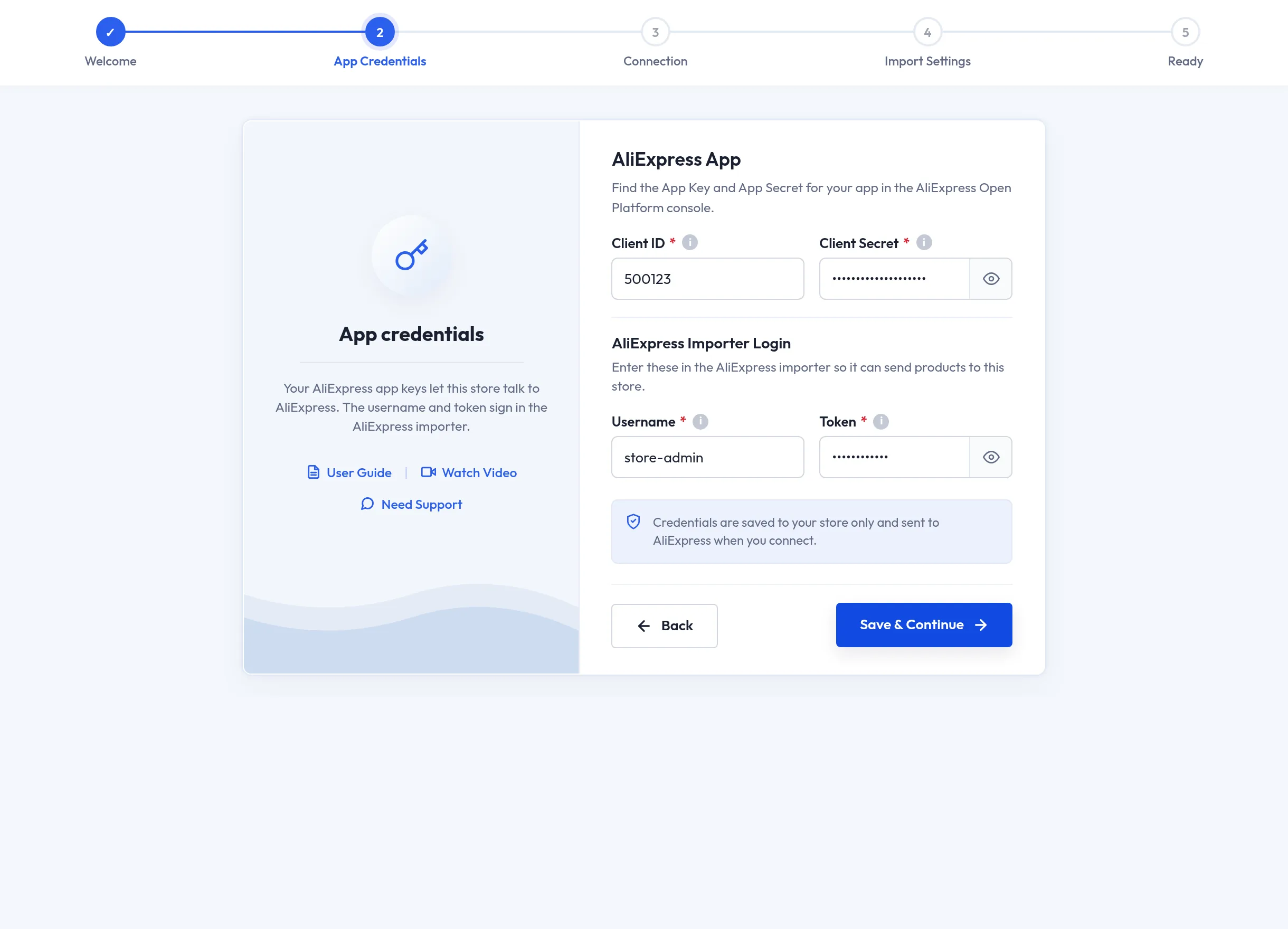 Setup wizard app credentials step