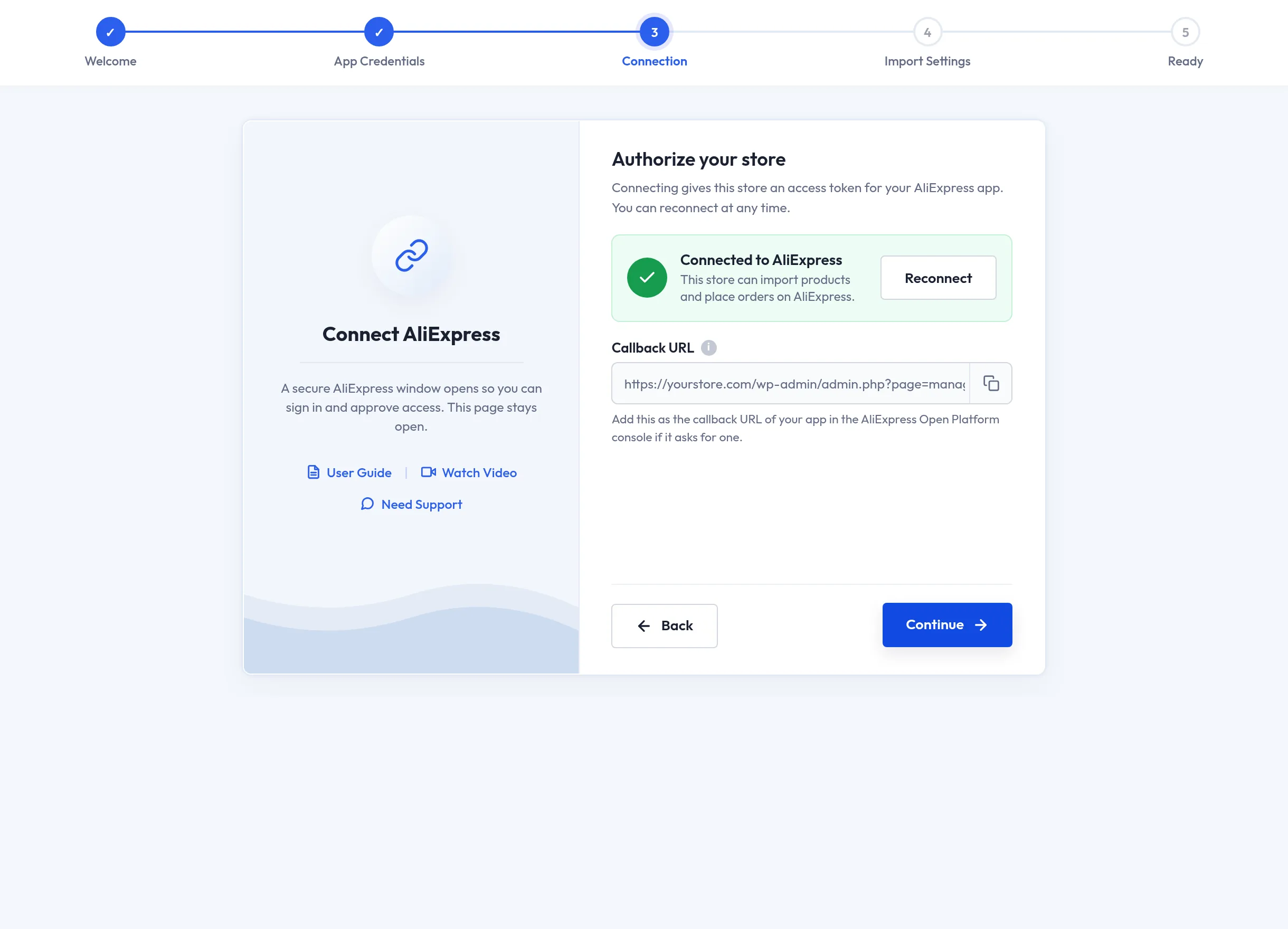 Setup wizard connection step