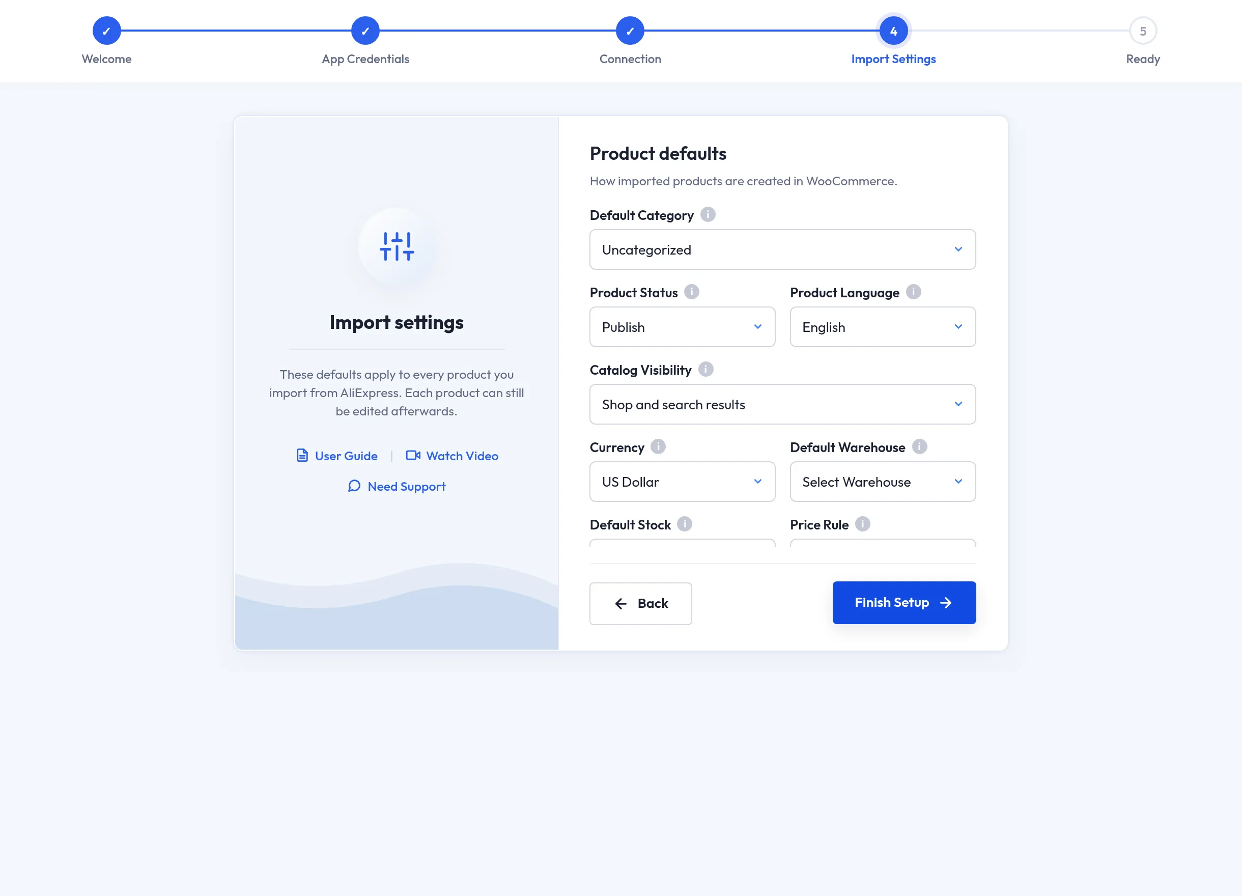 Setup wizard import settings — product defaults