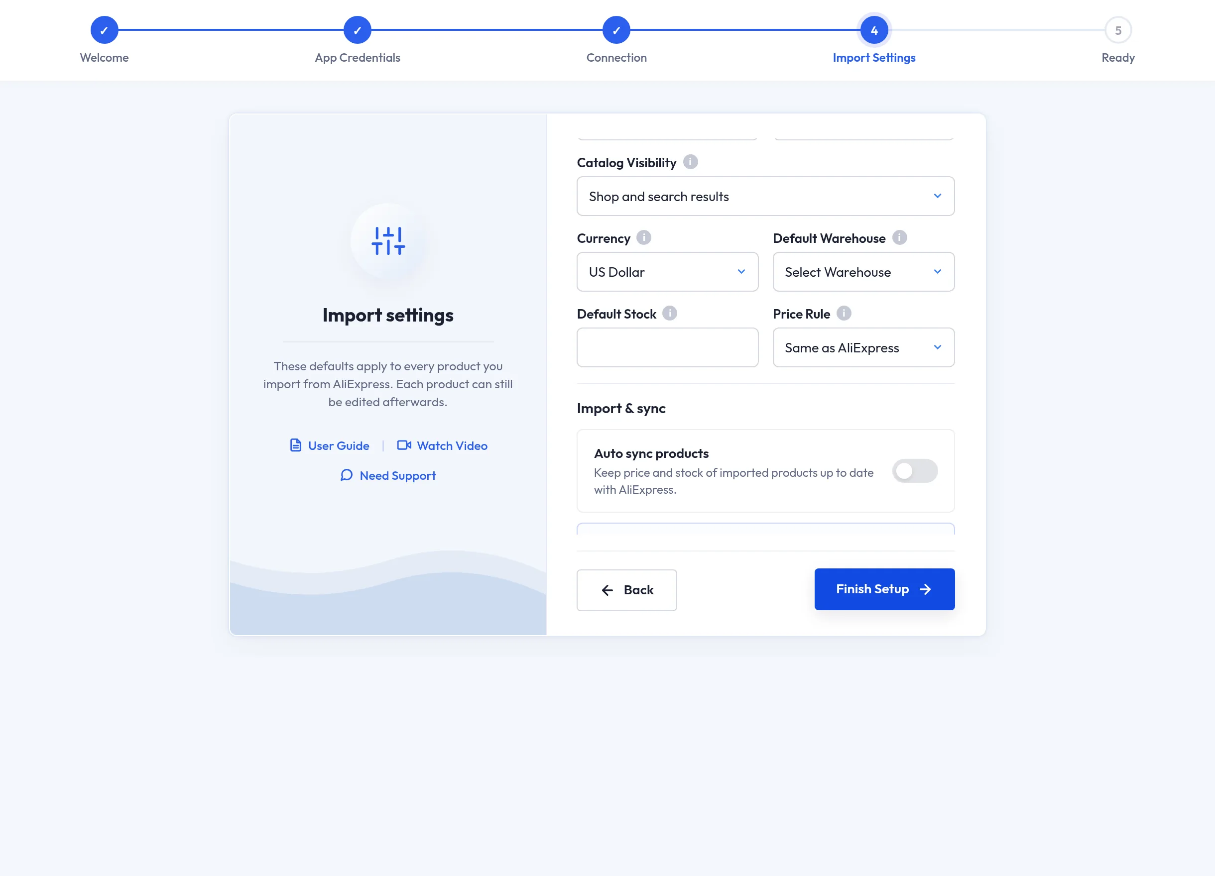 Setup wizard import settings — price rule