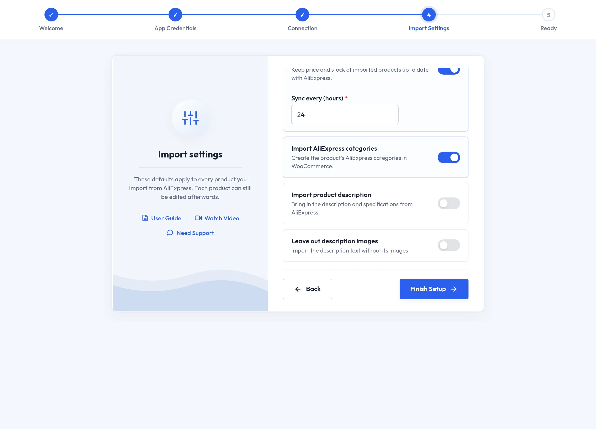 Setup wizard import settings — import and sync