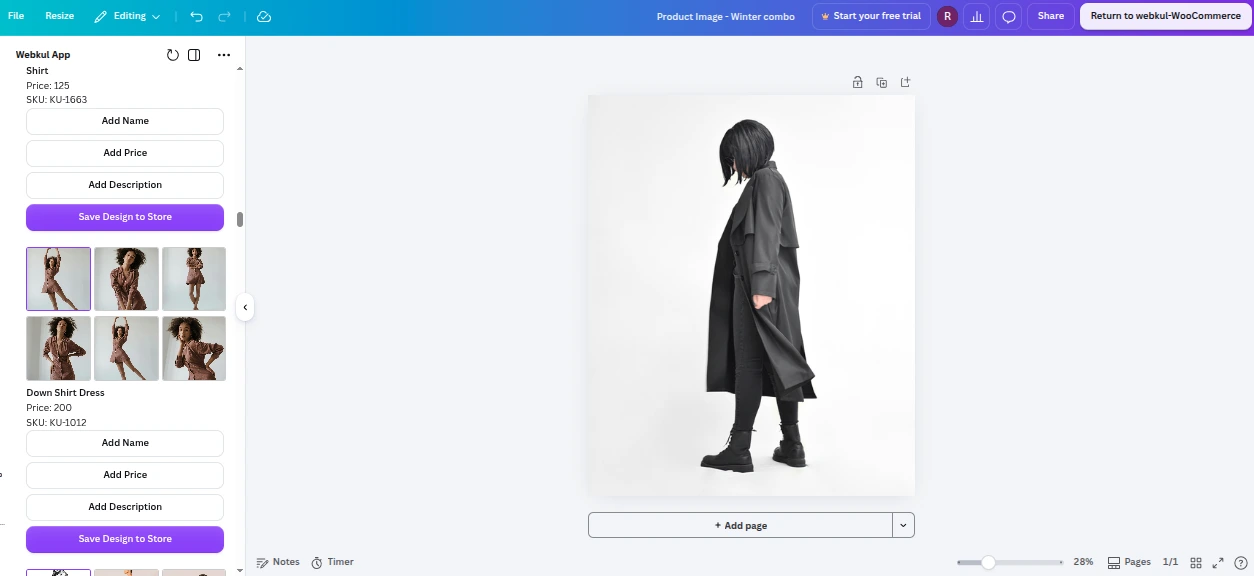 The Webkul App panel open beside a product design in Canva