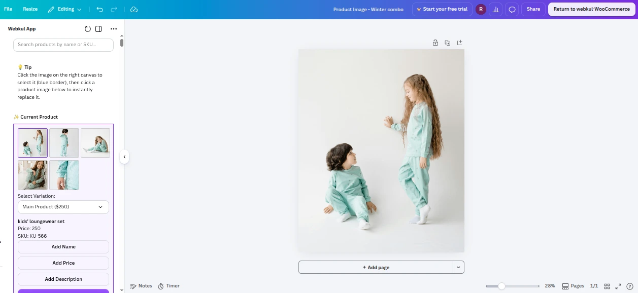 The Webkul App panel in the Canva editor