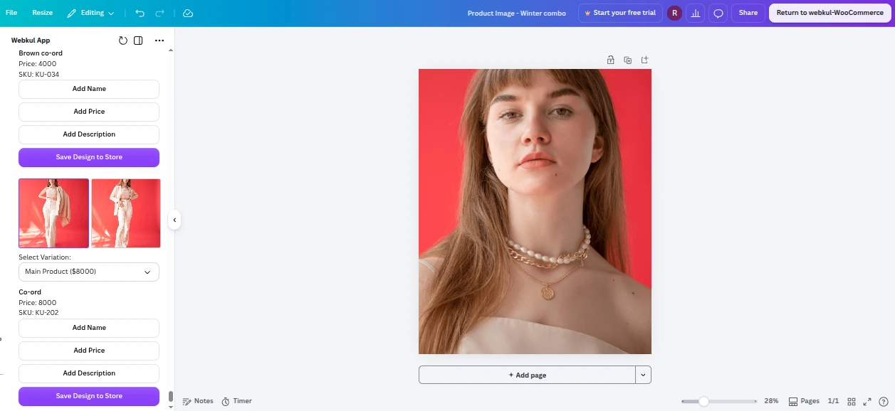 Product cards with variation selectors and Save Design to Store buttons