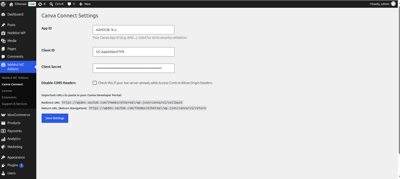 Redirect URI and Return URL printed on the Canva Connect settings page