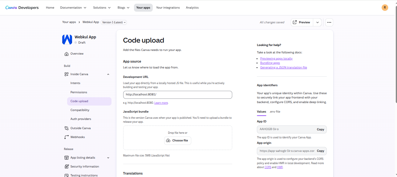 Canva Developer Portal Code Upload and App Identifiers