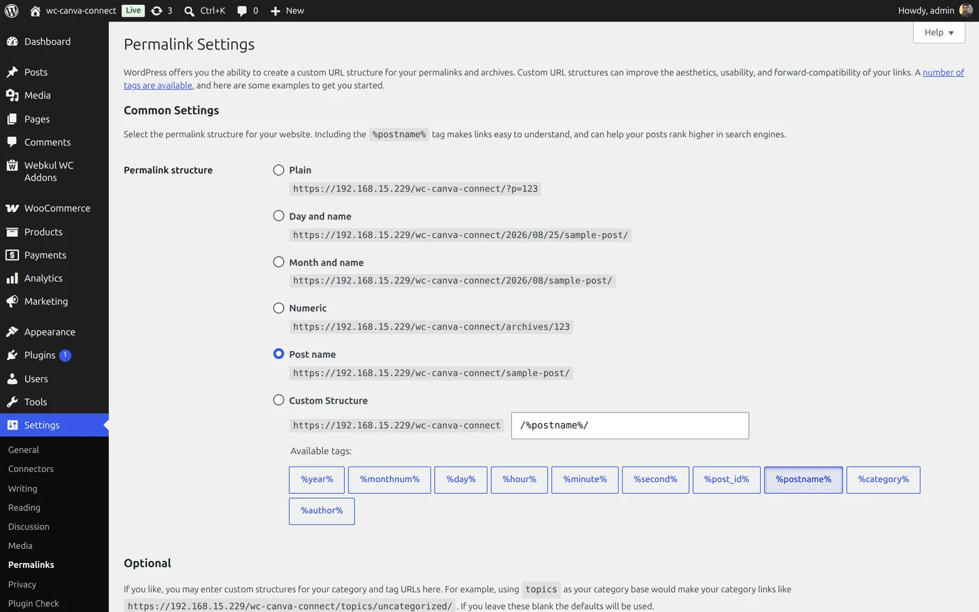 WordPress Permalinks Post Name Setting