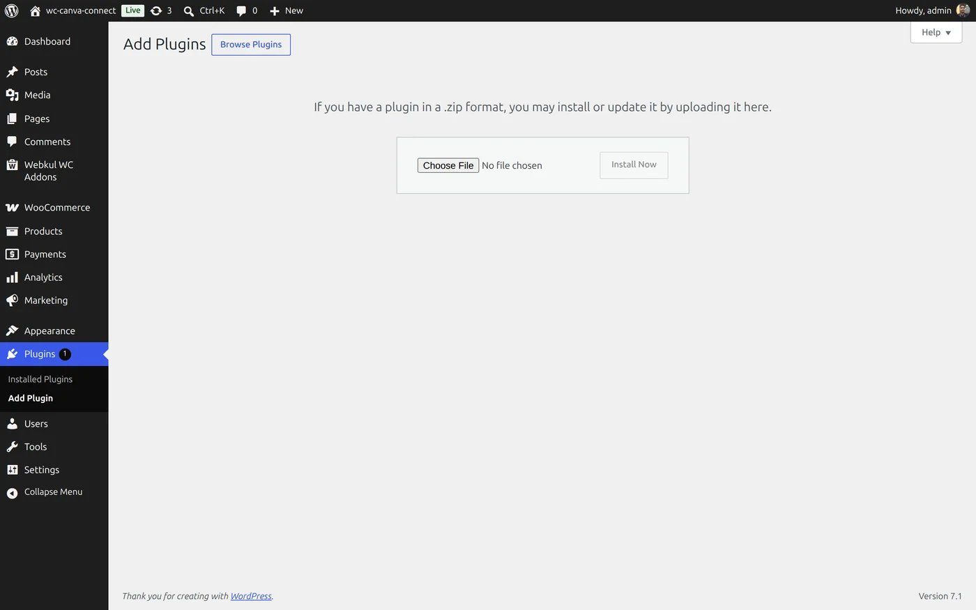 Upload WooCommerce Canva Connector Plugin in WordPress Admin