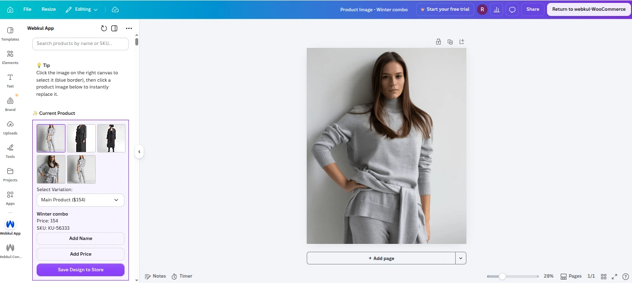 Design with Canva row action on the WooCommerce products list