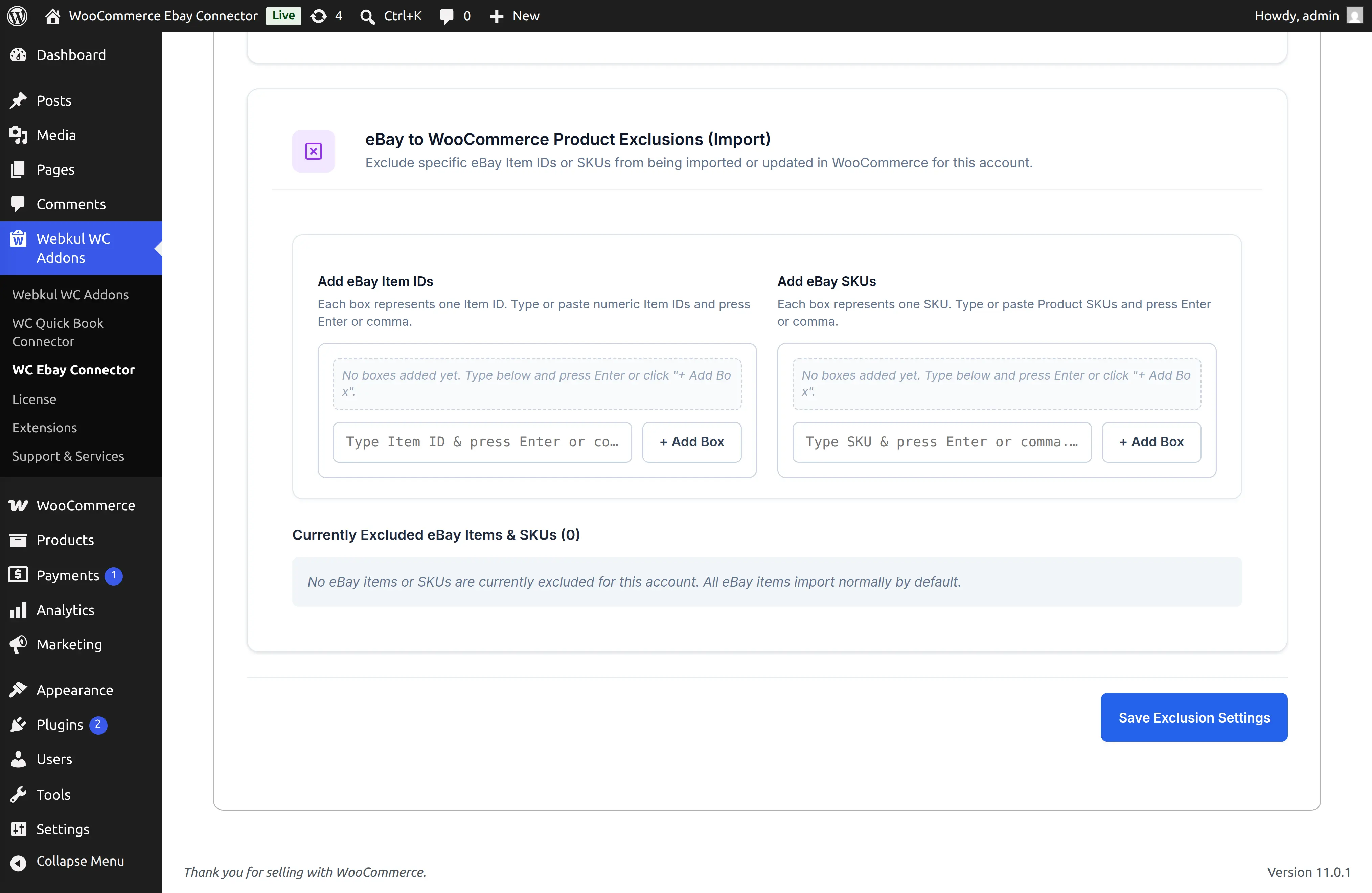 eBay to WooCommerce Product Exclusions (Import)