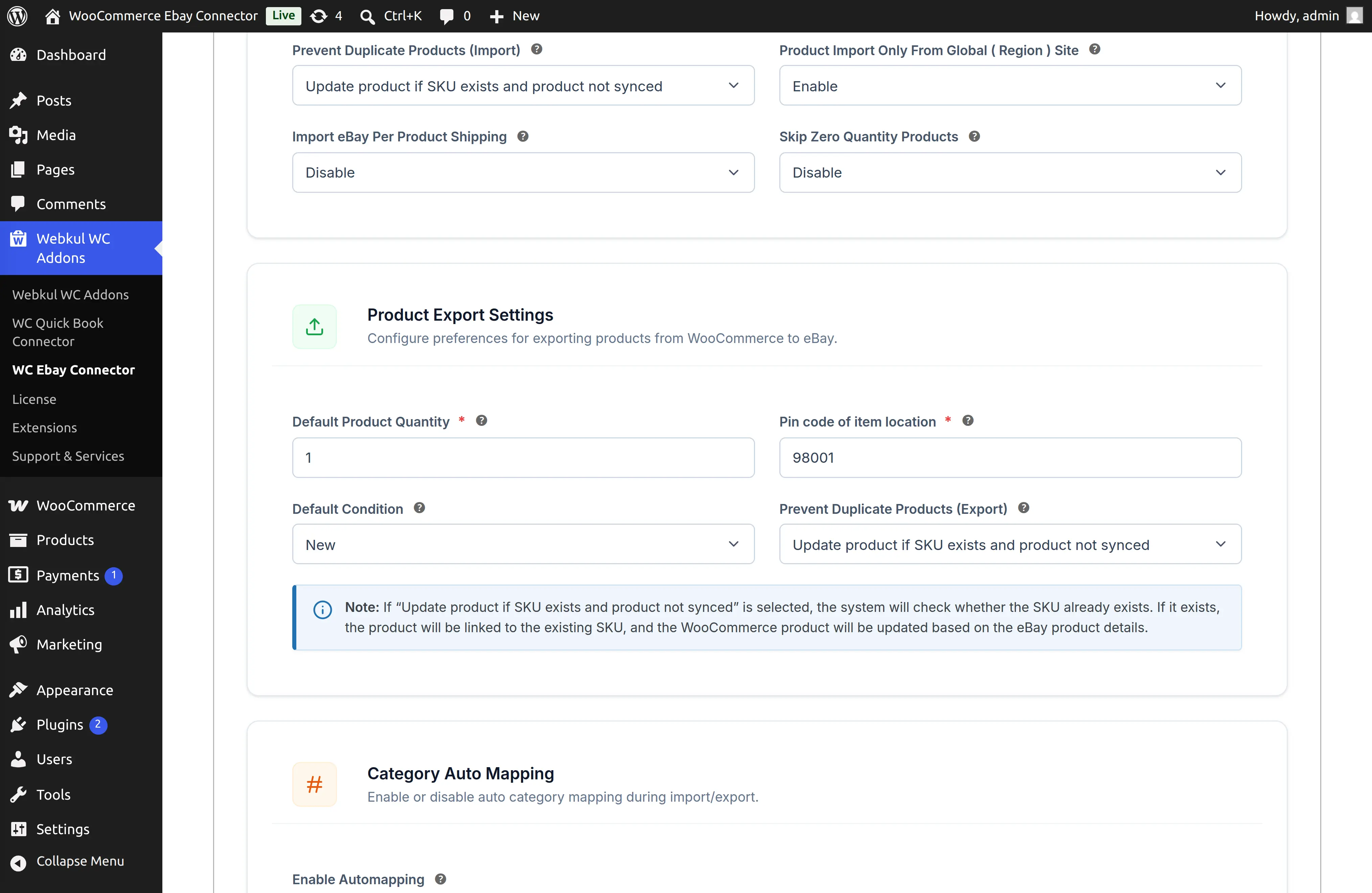 Product Export Settings
