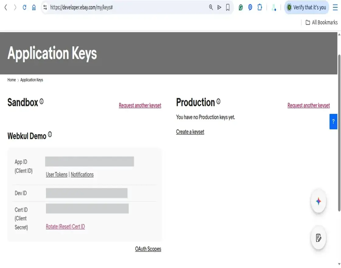 eBay Production Keys