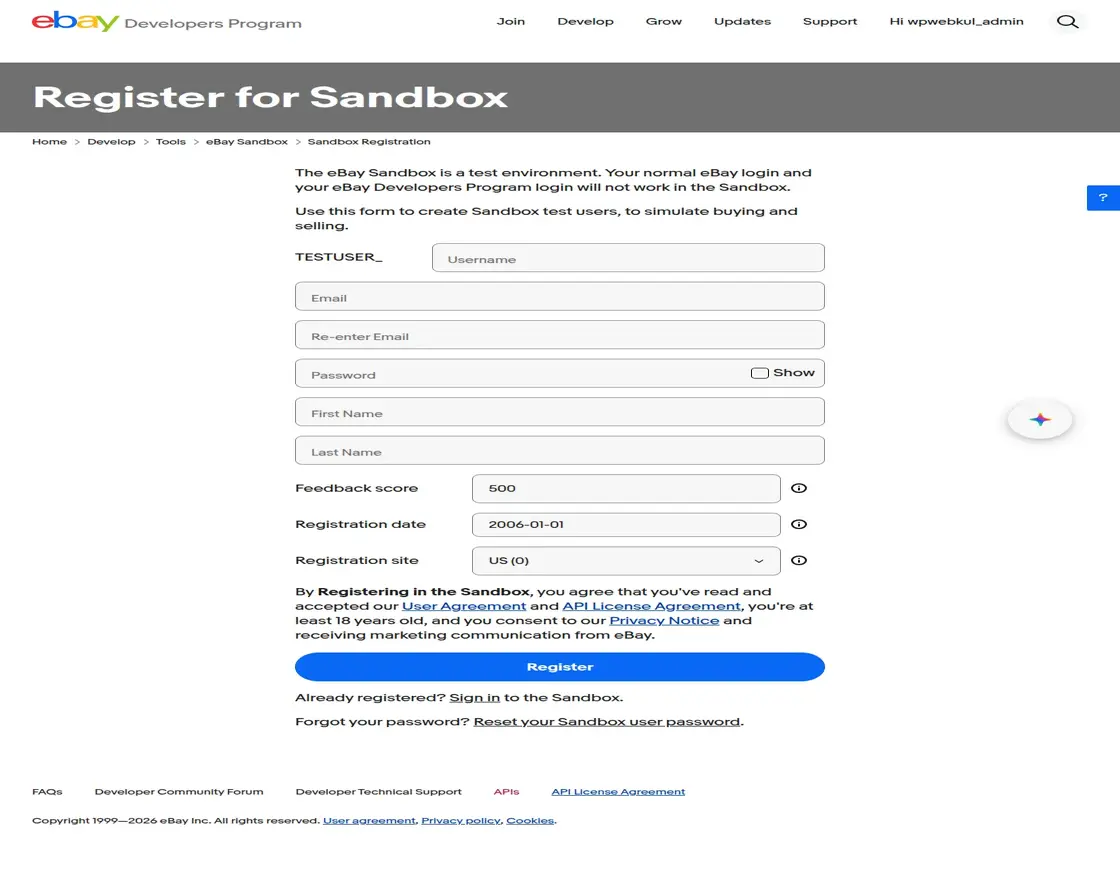 eBay Sandbox Account