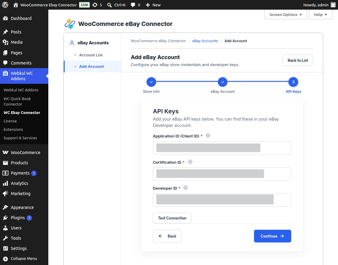 Test Connection added eBay Account