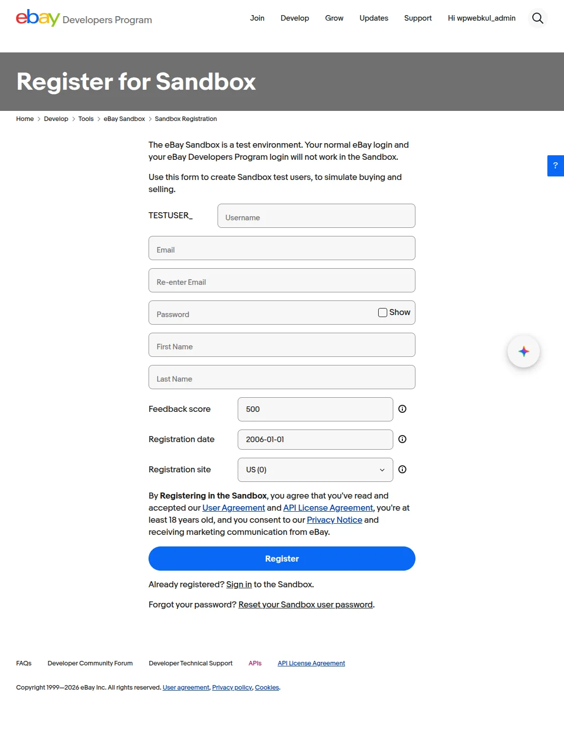eBay Sandbox Account
