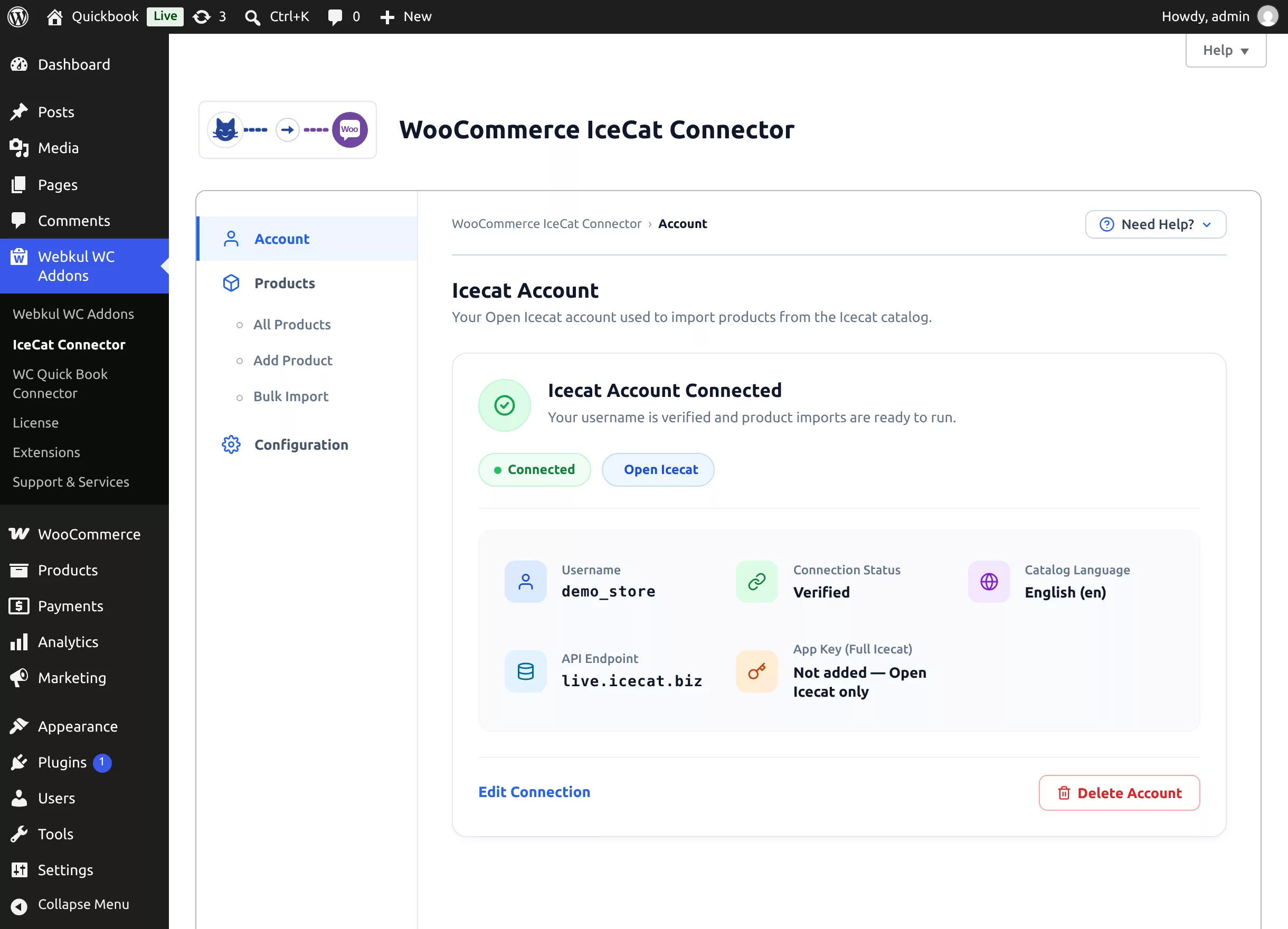 The Account tab with a verified Icecat connection