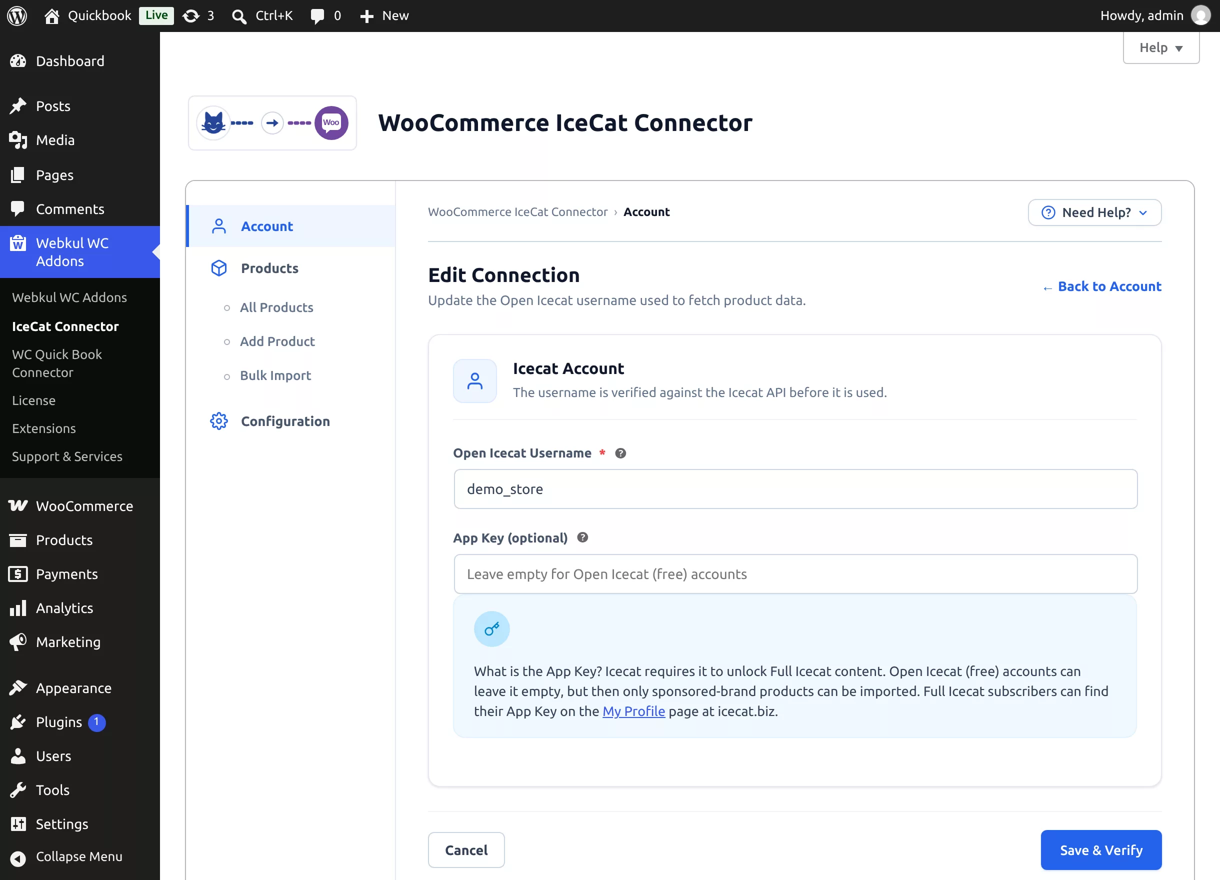The Edit Connection form with username and App Key fields
