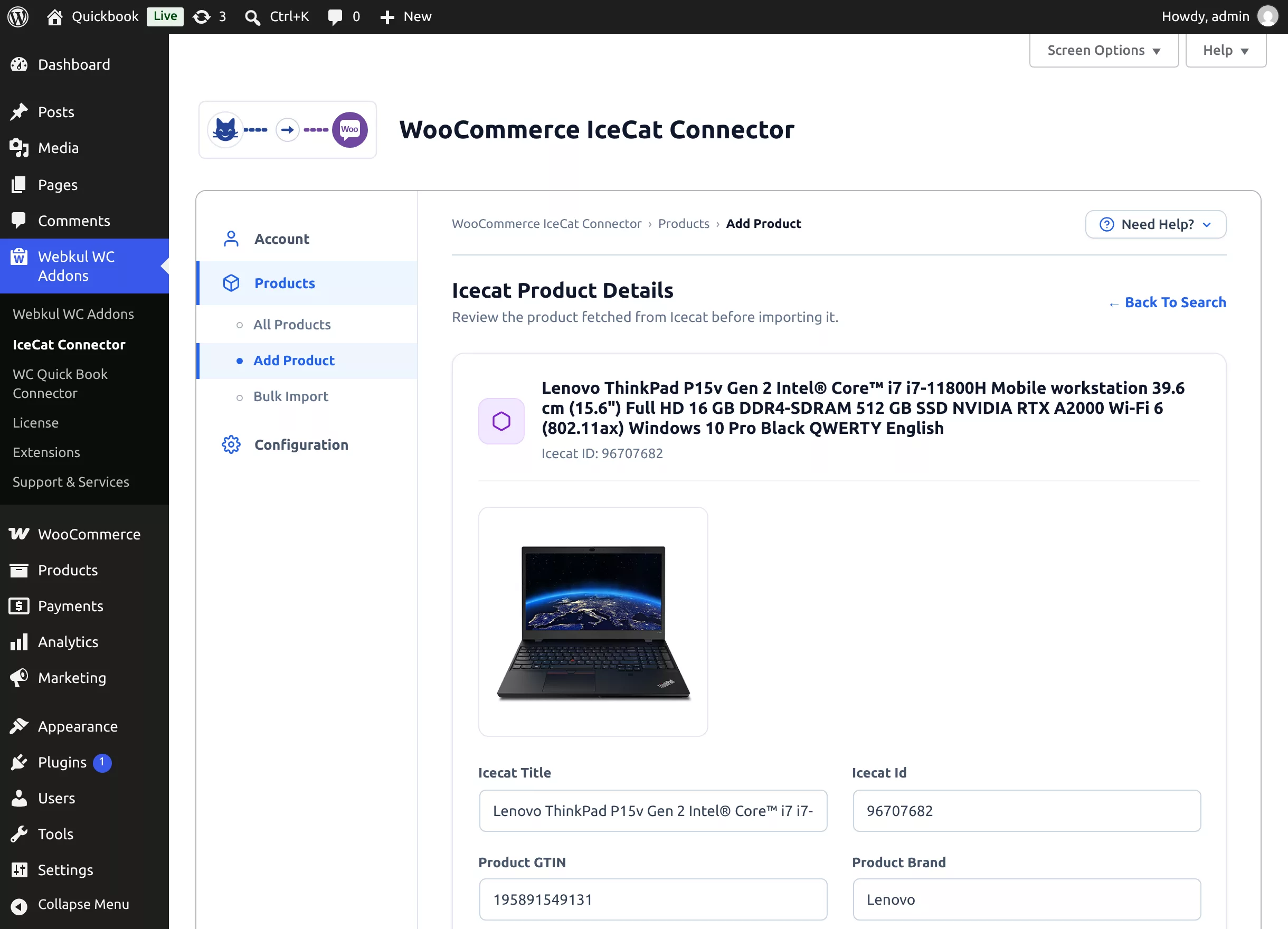 Reviewing the fetched Icecat product before importing