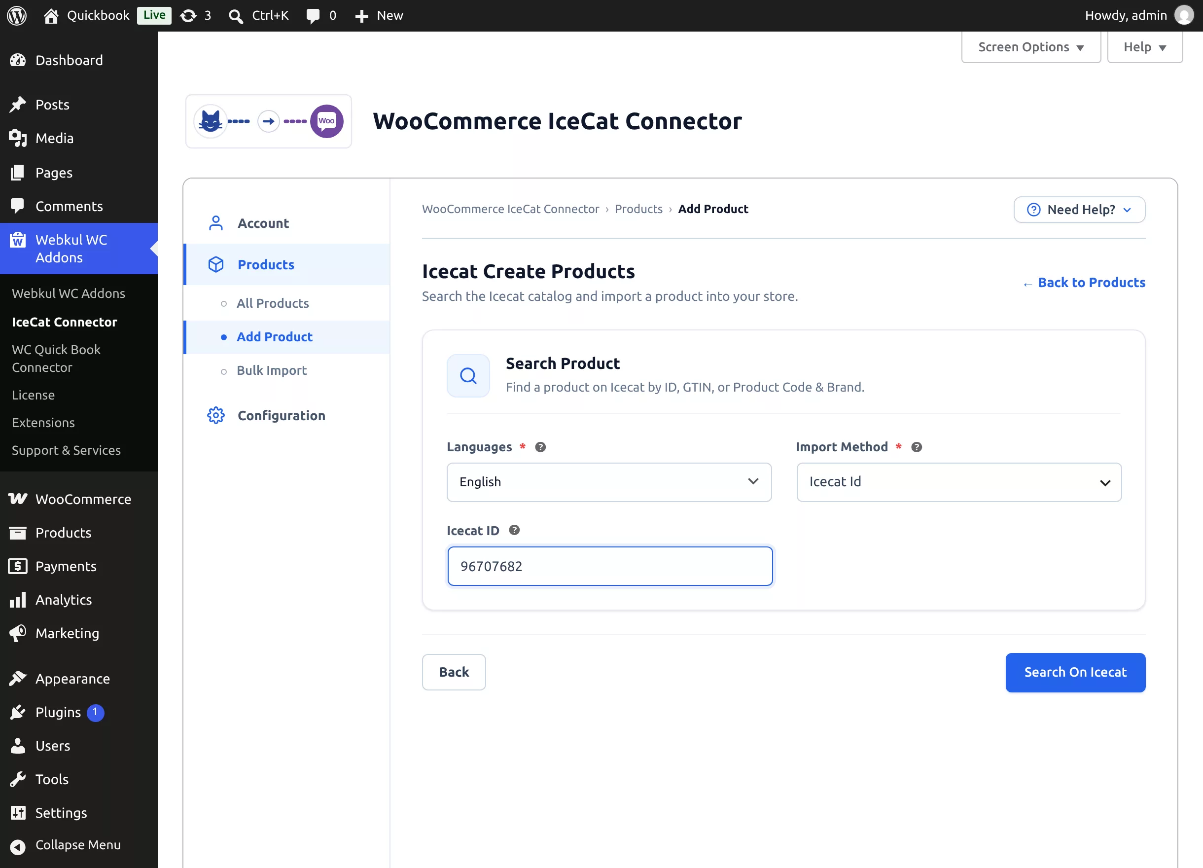 The Icecat Create Products search form