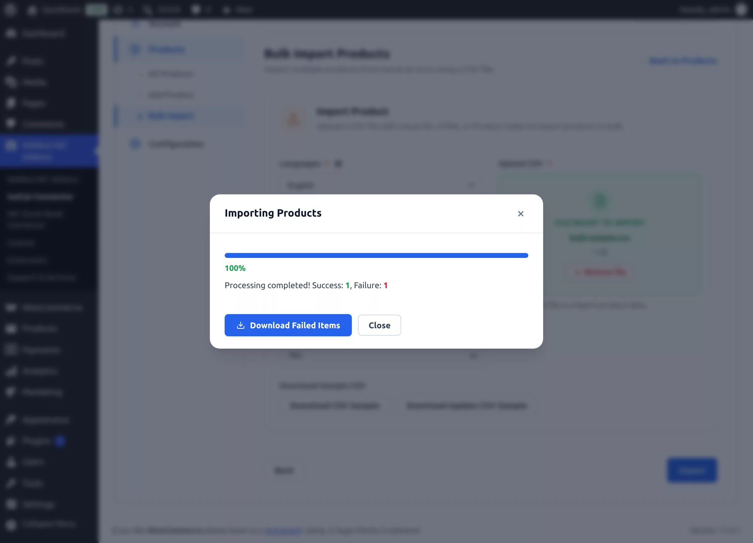The Importing Products progress dialog with success and failure counts