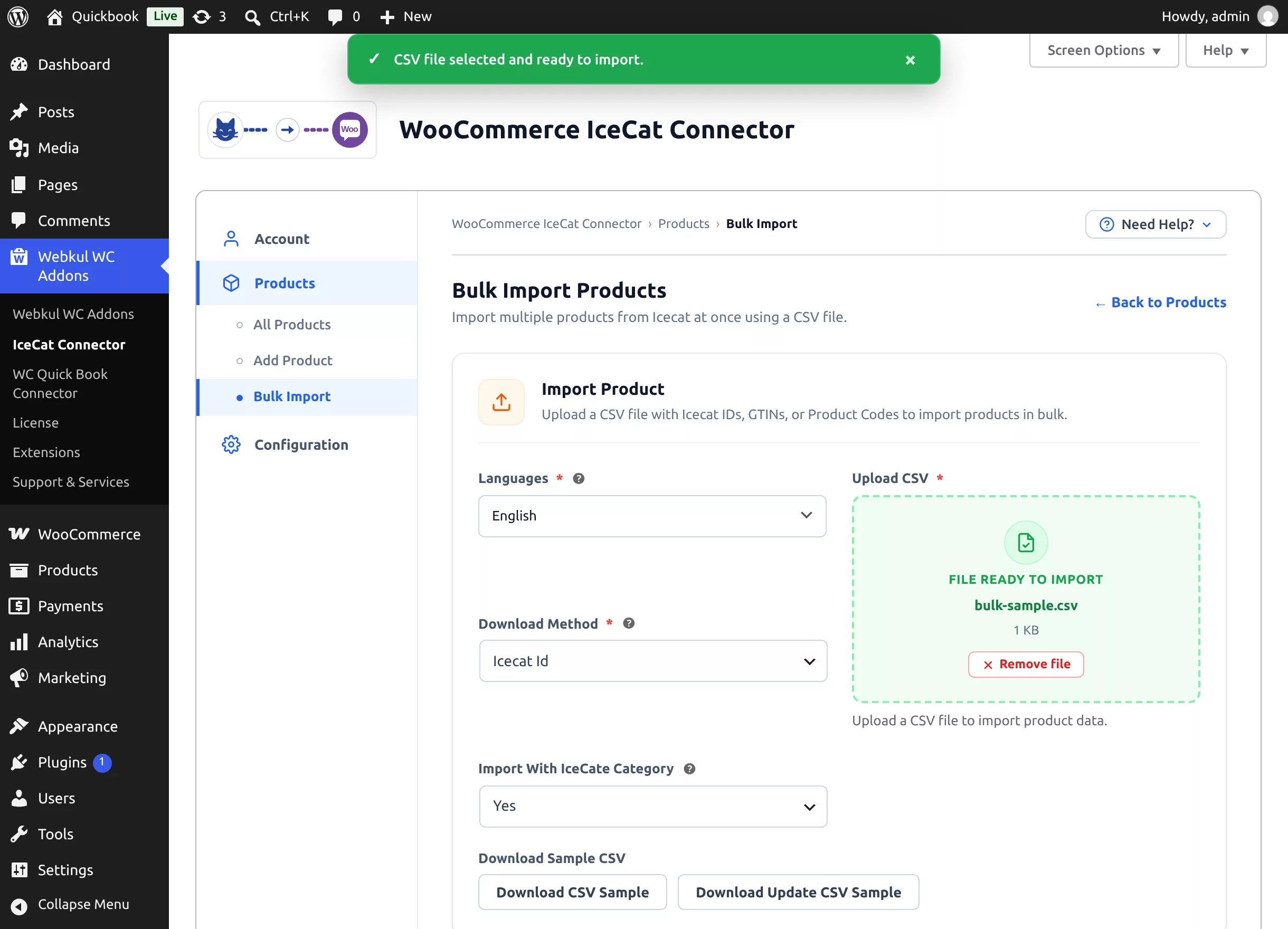 The Bulk Import form with a CSV file ready to import
