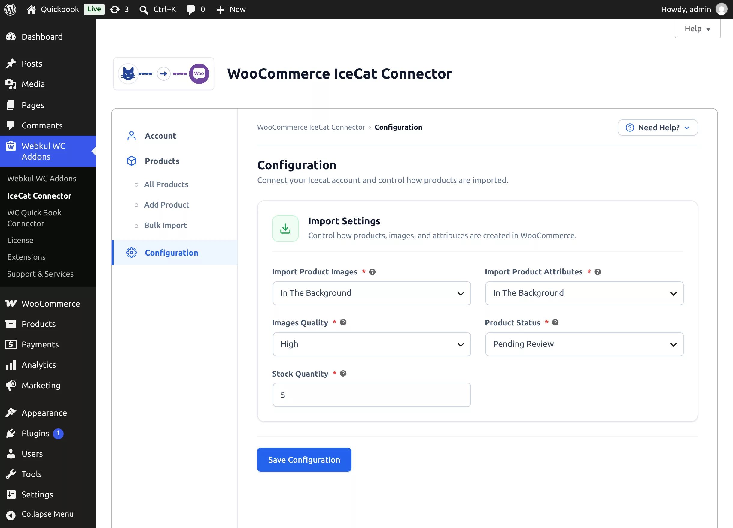 The Configuration tab with the Import Settings card