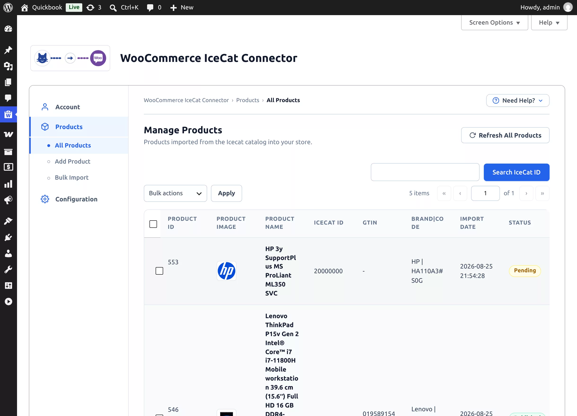 The Manage Products list with imported catalog products