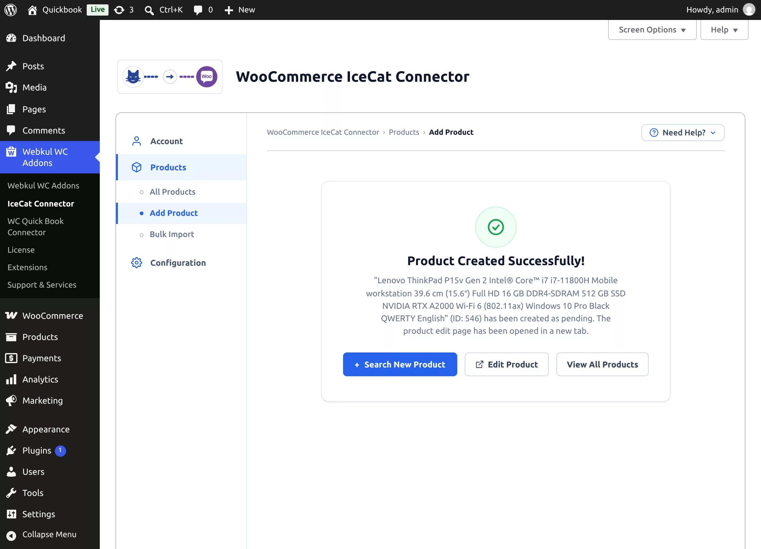 The success screen after the product is created