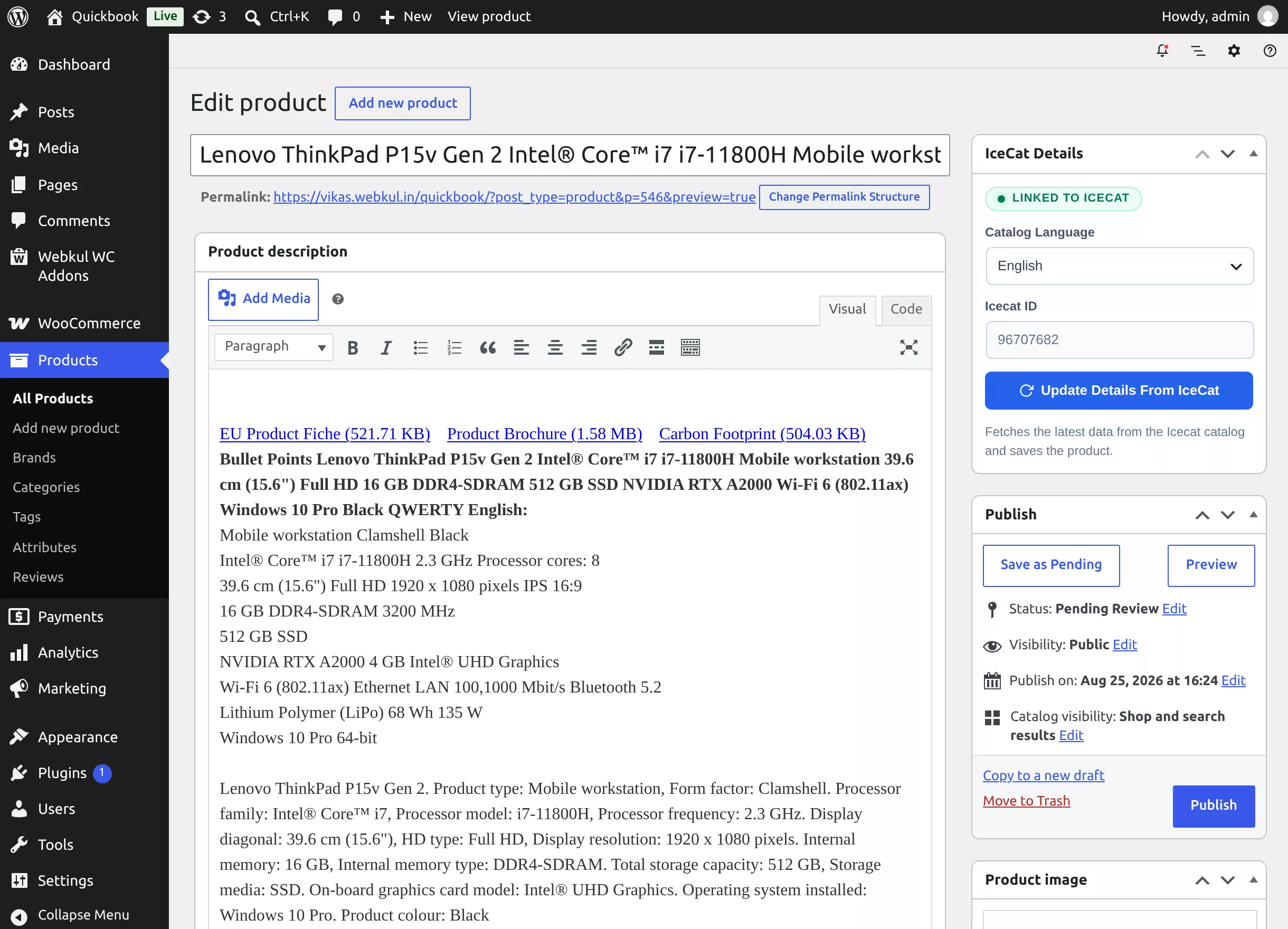 The IceCat Details meta box on the product edit page