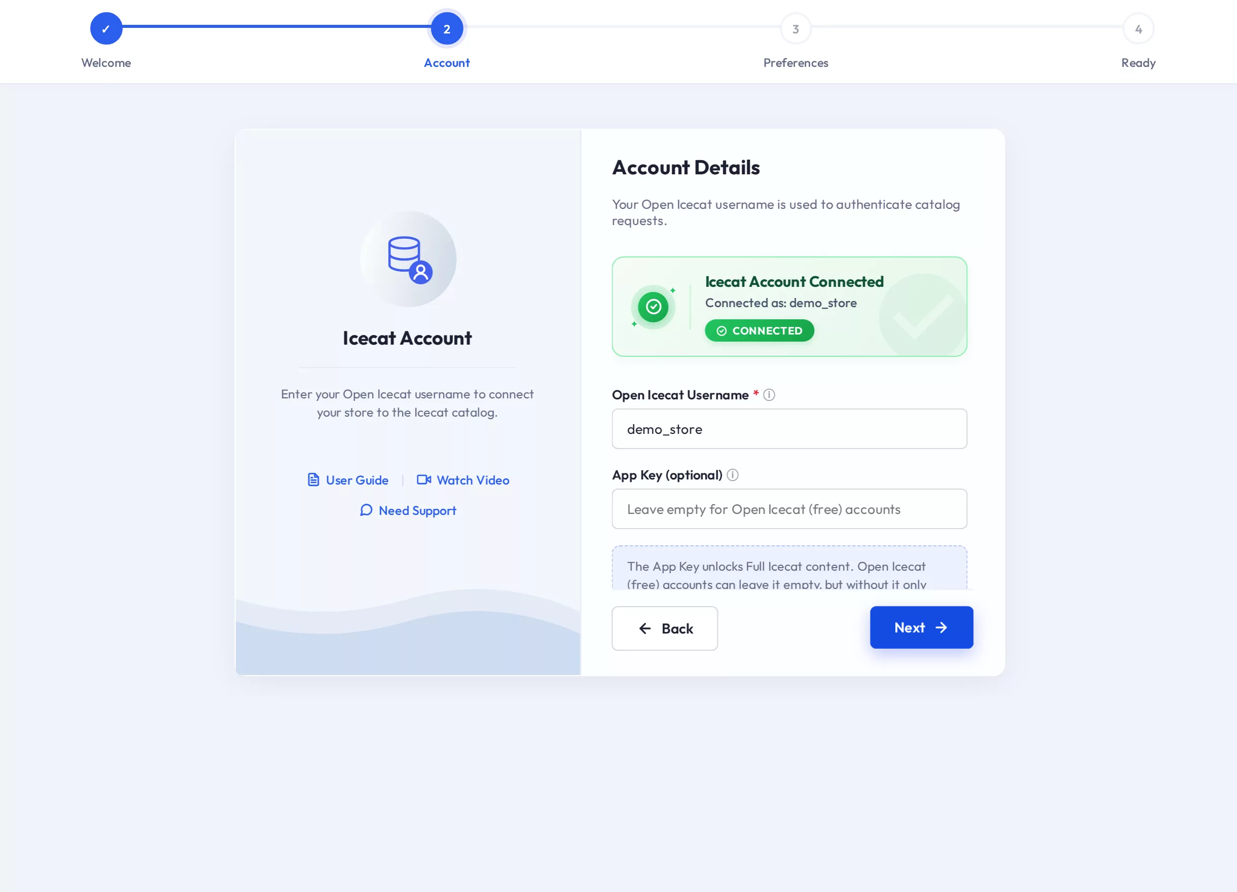 Setup Wizard Step 2 — account details with the connected status card