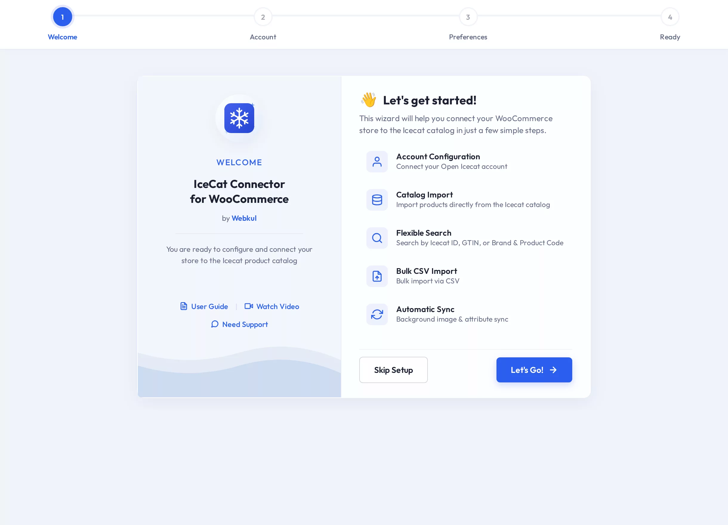 Setup Wizard Step 1 — the Welcome screen with the feature overview