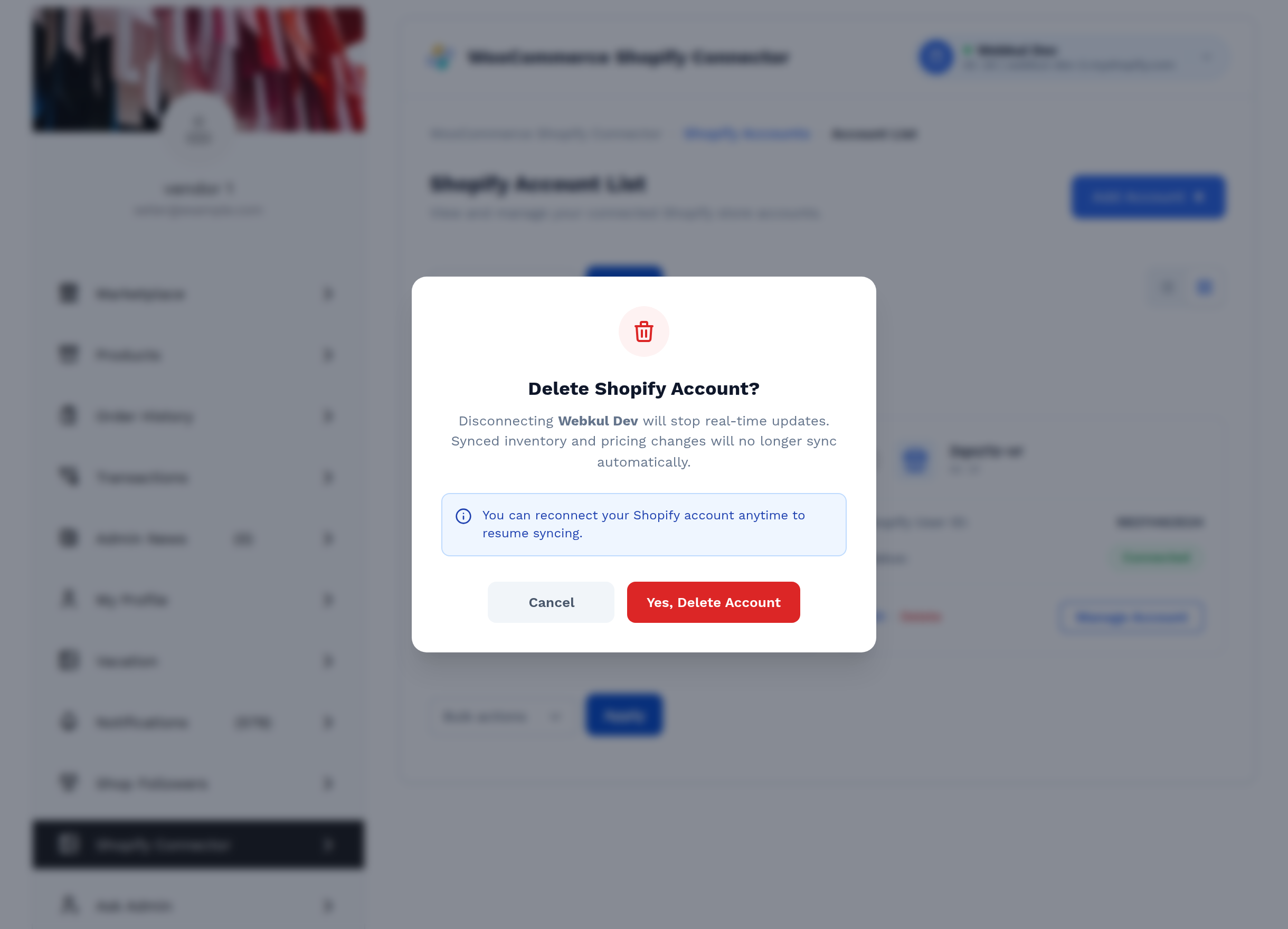 The delete confirmation modal, warning that disconnecting stops real-time updates