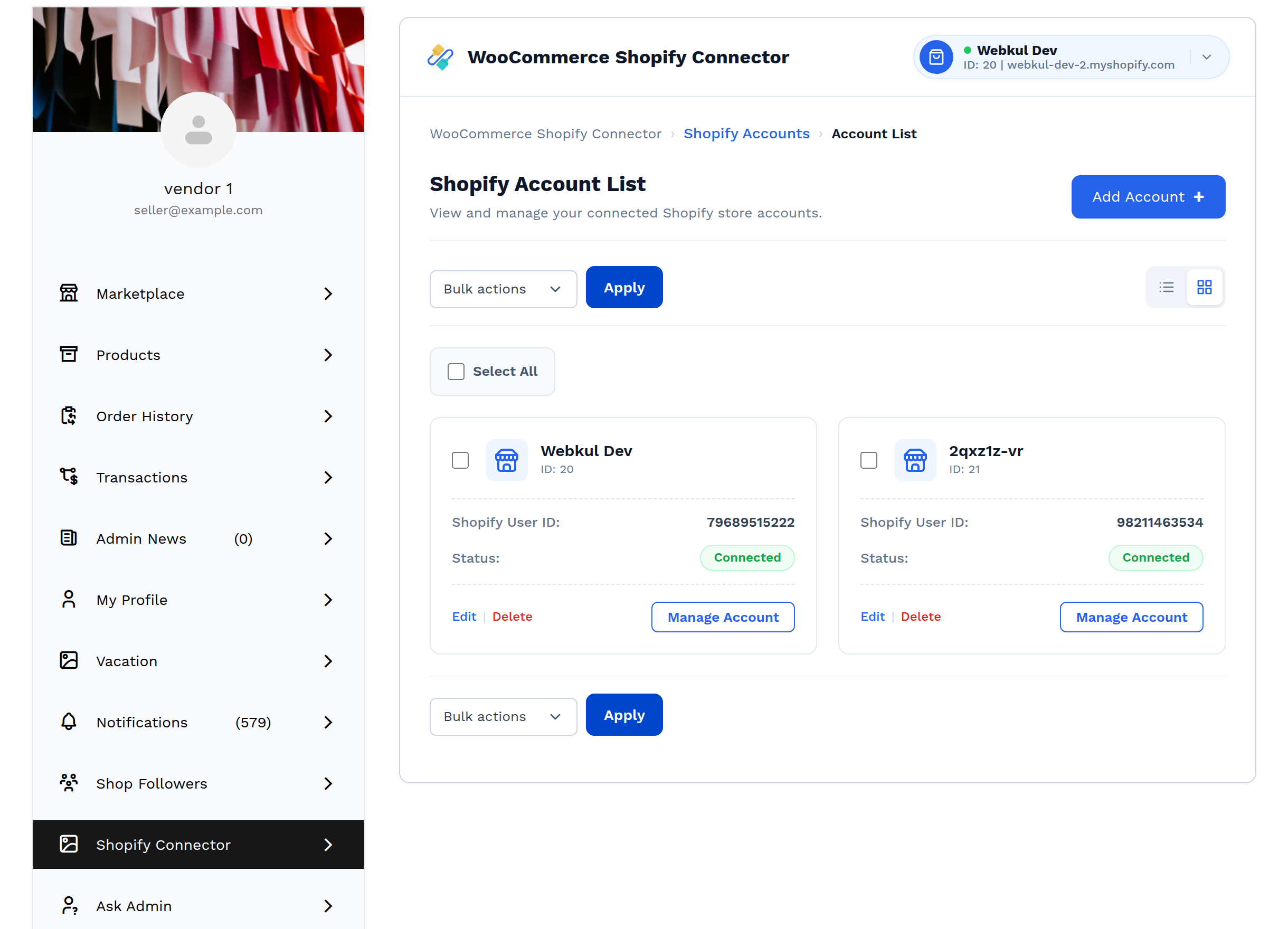 The account list in grid view, showing each connected store as a card